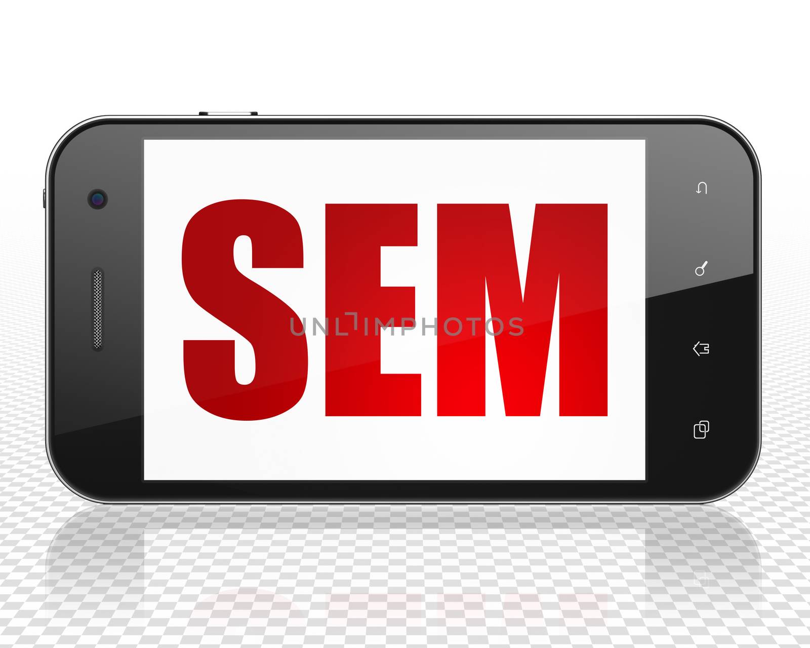 Advertising concept: Smartphone with red text SEM on display, 3D rendering