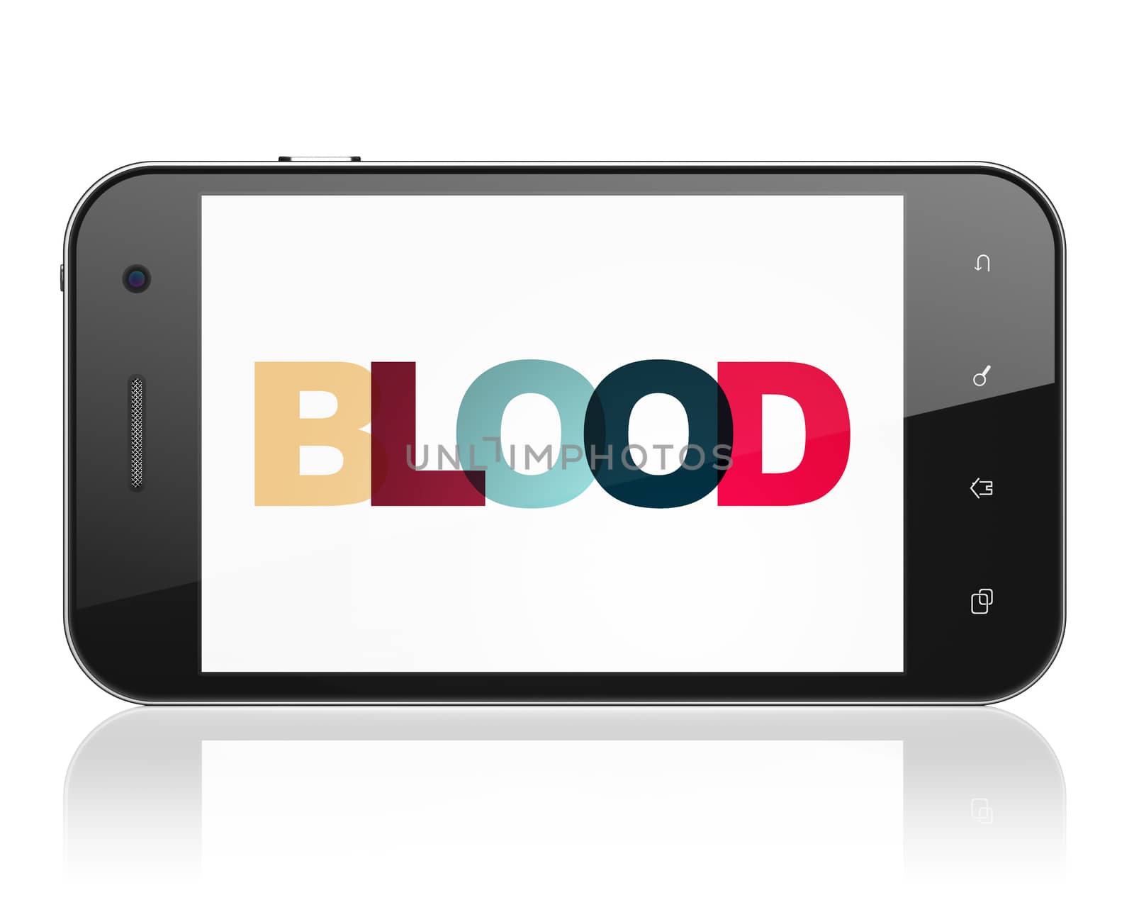 Medicine concept: Smartphone with Painted multicolor text Blood on display, 3D rendering