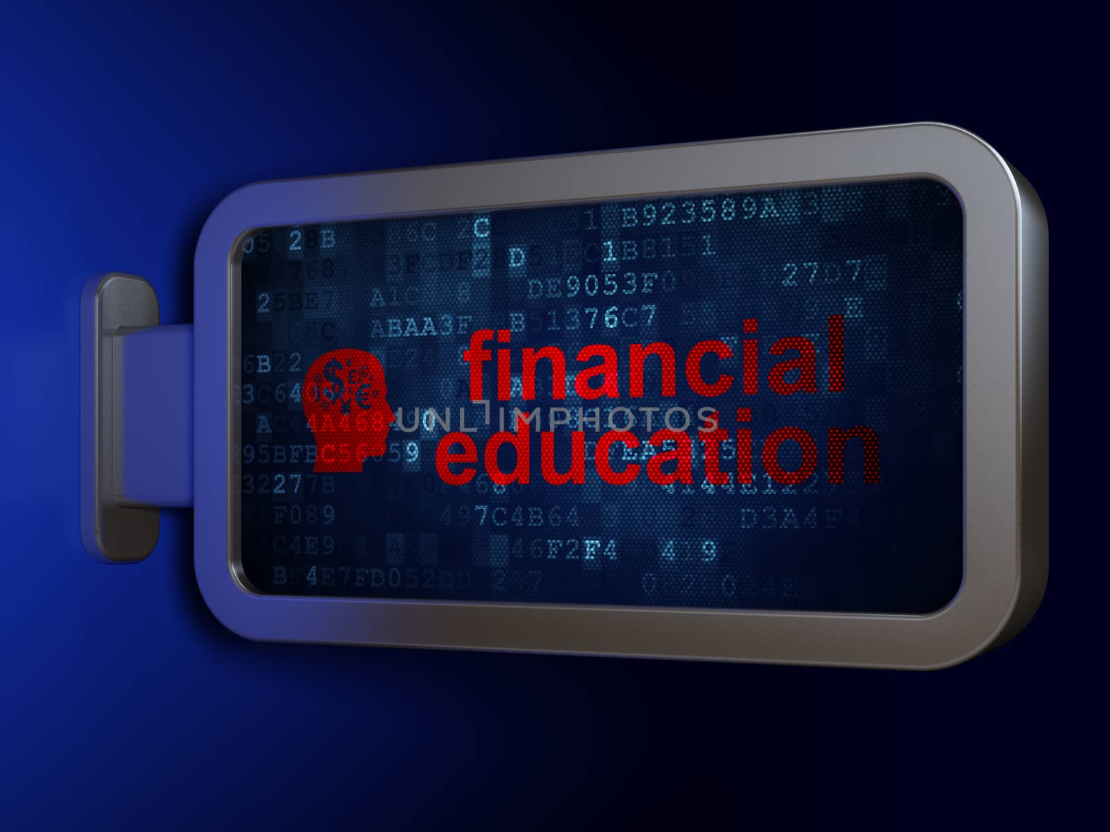 Studying concept: Financial Education and Head With Finance Symbol on billboard background by maxkabakov
