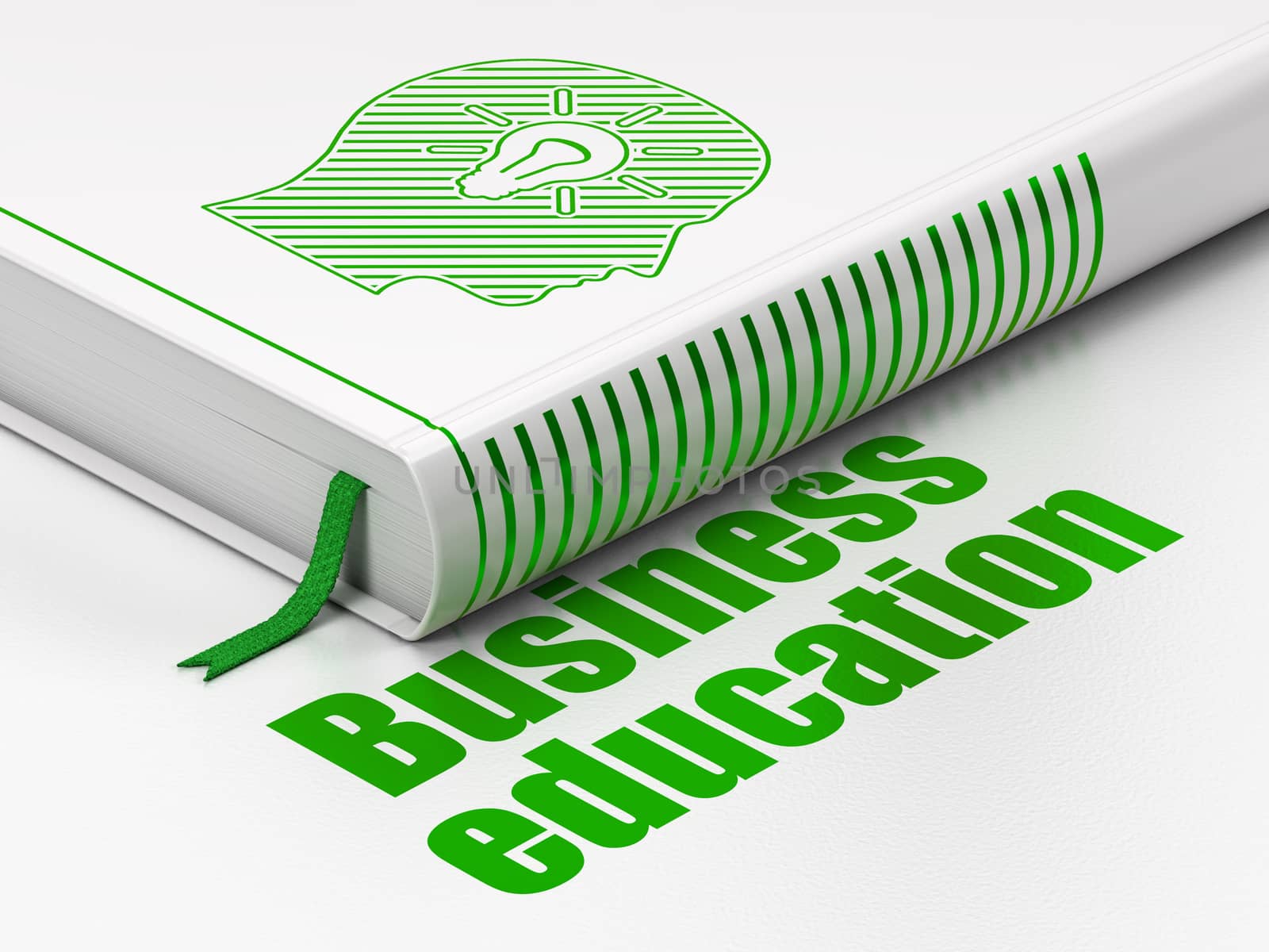 Studying concept: closed book with Green Head With Light Bulb icon and text Business Education on floor, white background, 3D rendering