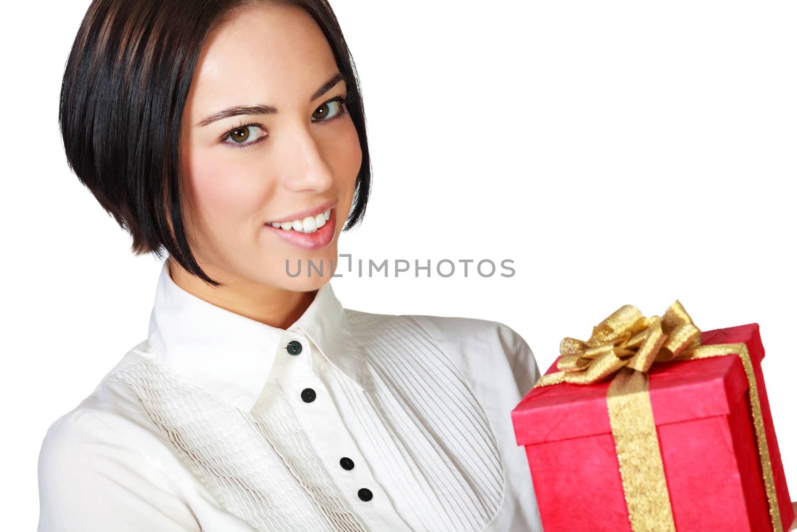 Pretty woman holds a red gift box. Isolated on white background