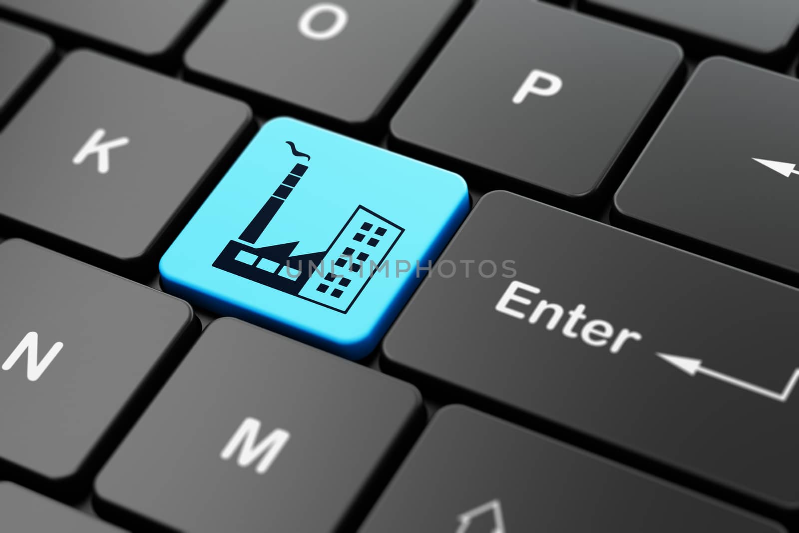 Manufacuring concept: computer keyboard with Industry Building icon on enter button background, 3D rendering