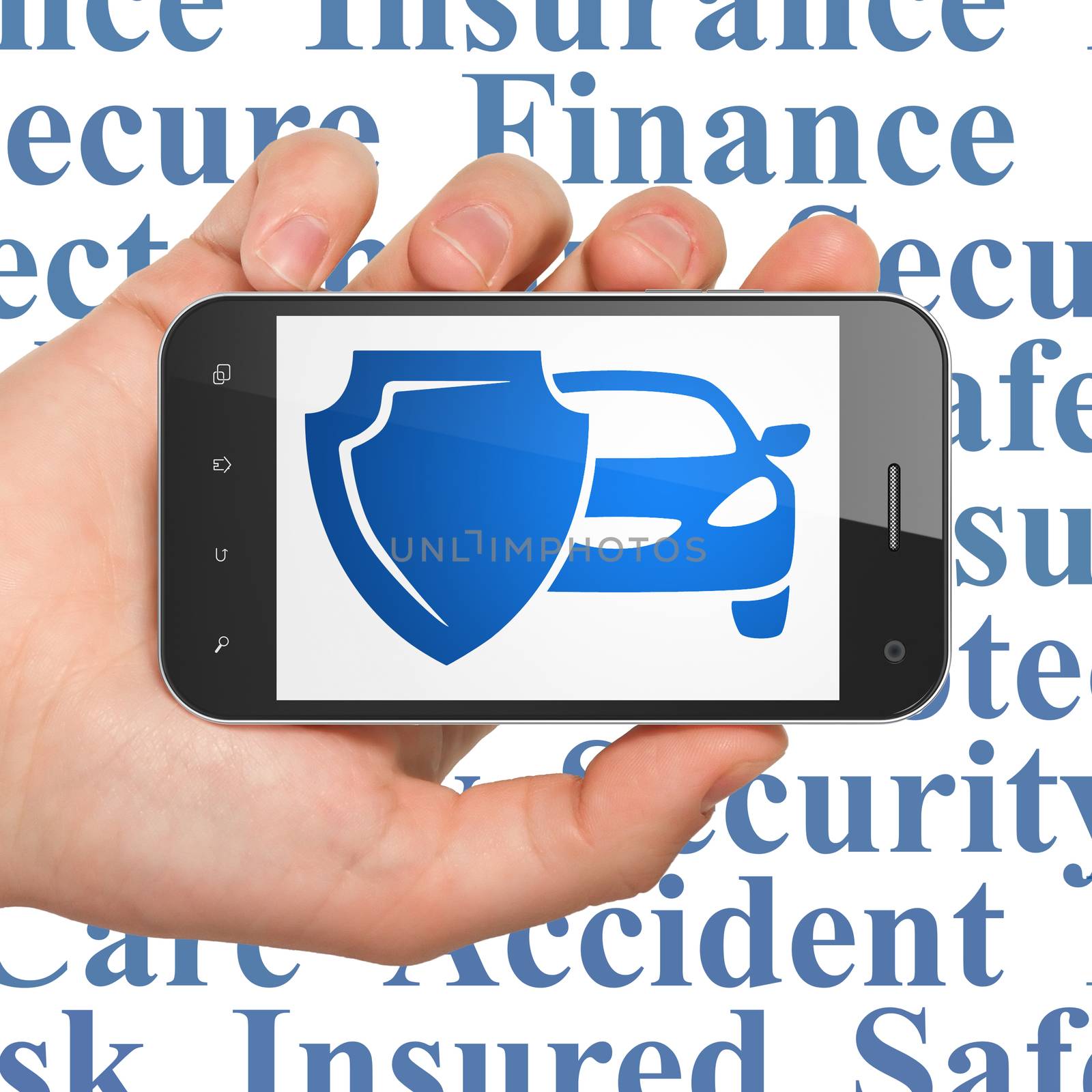 Insurance concept: Hand Holding Smartphone with  blue Car And Shield icon on display,  Tag Cloud background, 3D rendering