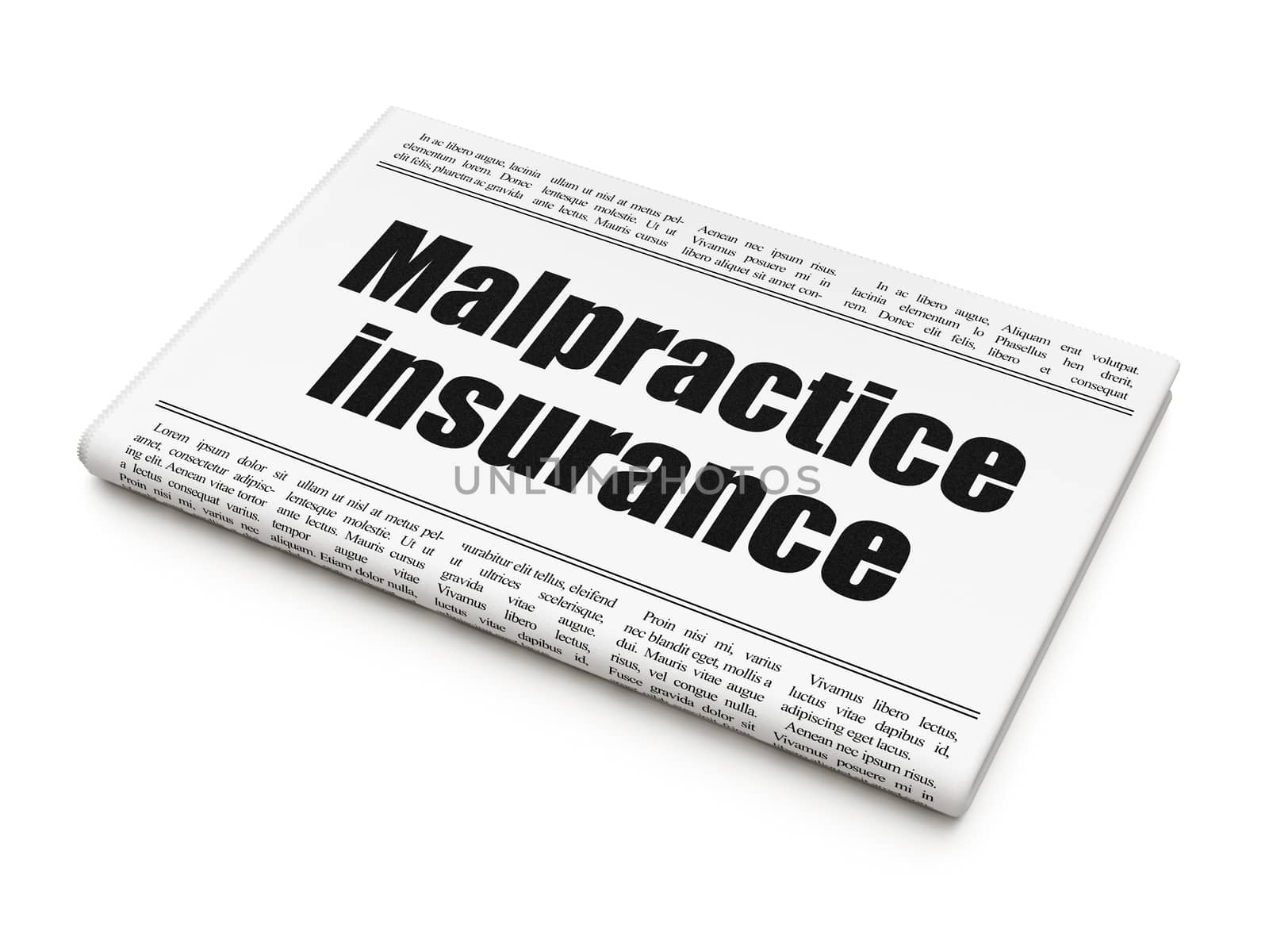 Insurance concept: newspaper headline Malpractice Insurance on White background, 3D rendering