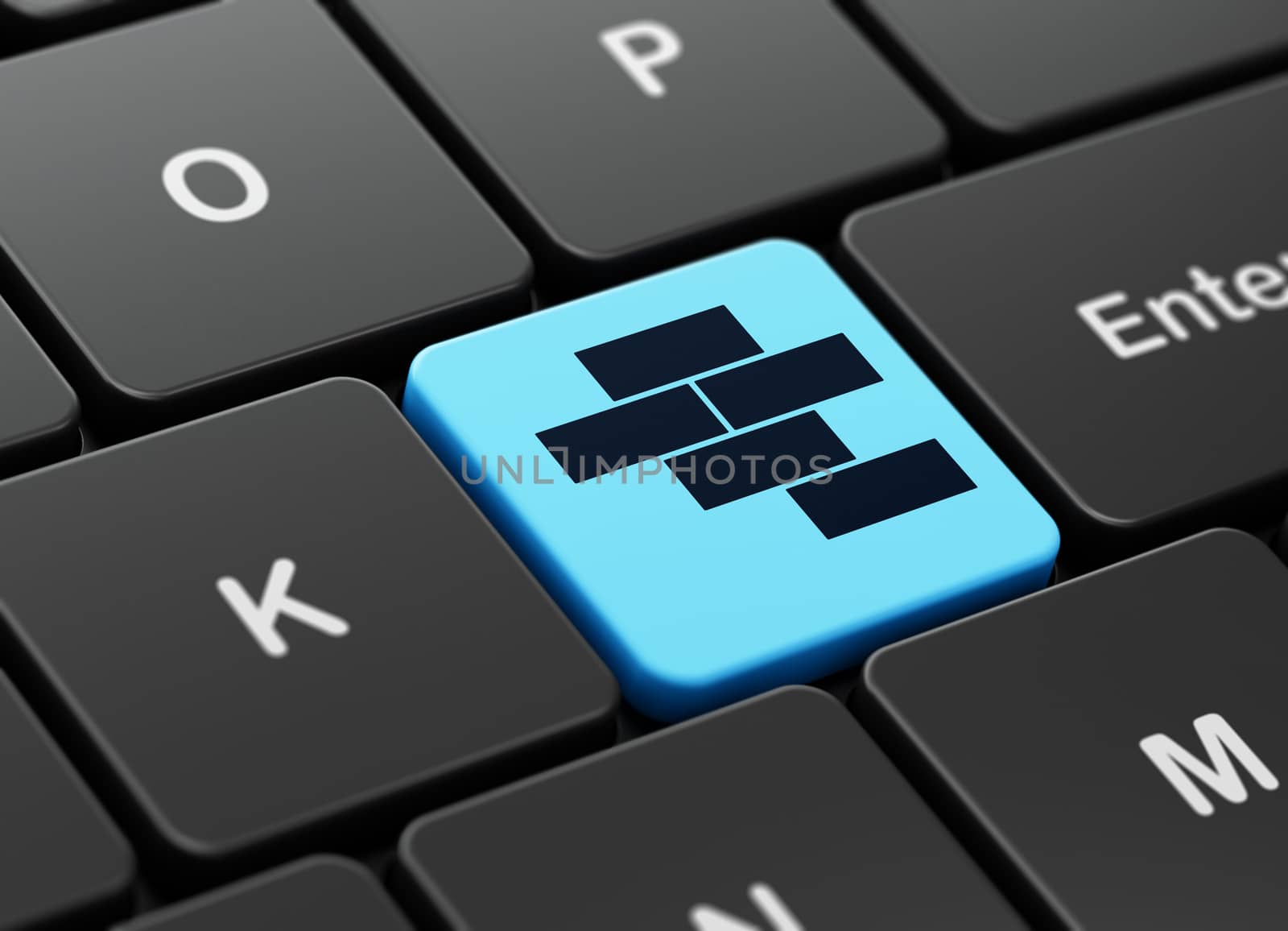 Constructing concept: computer keyboard with Bricks icon on enter button background, 3D rendering