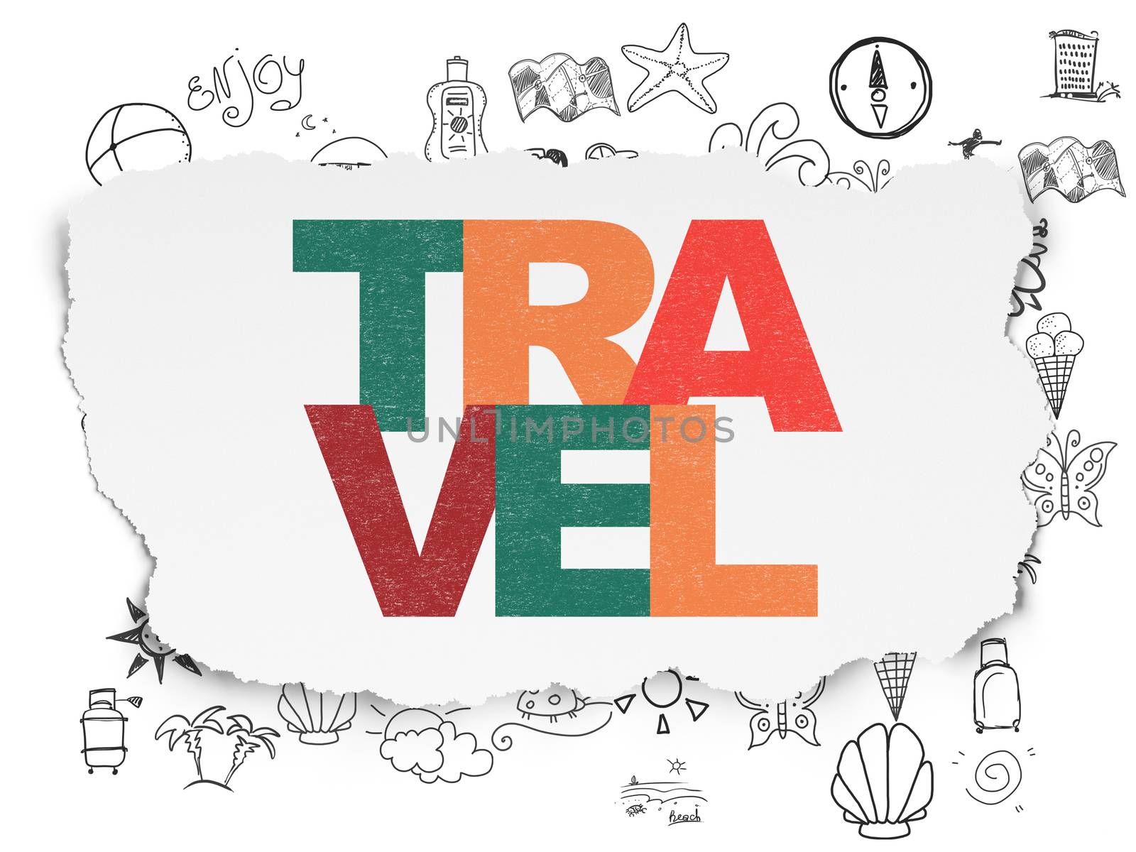 Vacation concept: Painted multicolor text Travel on Torn Paper background with  Hand Drawn Vacation Icons