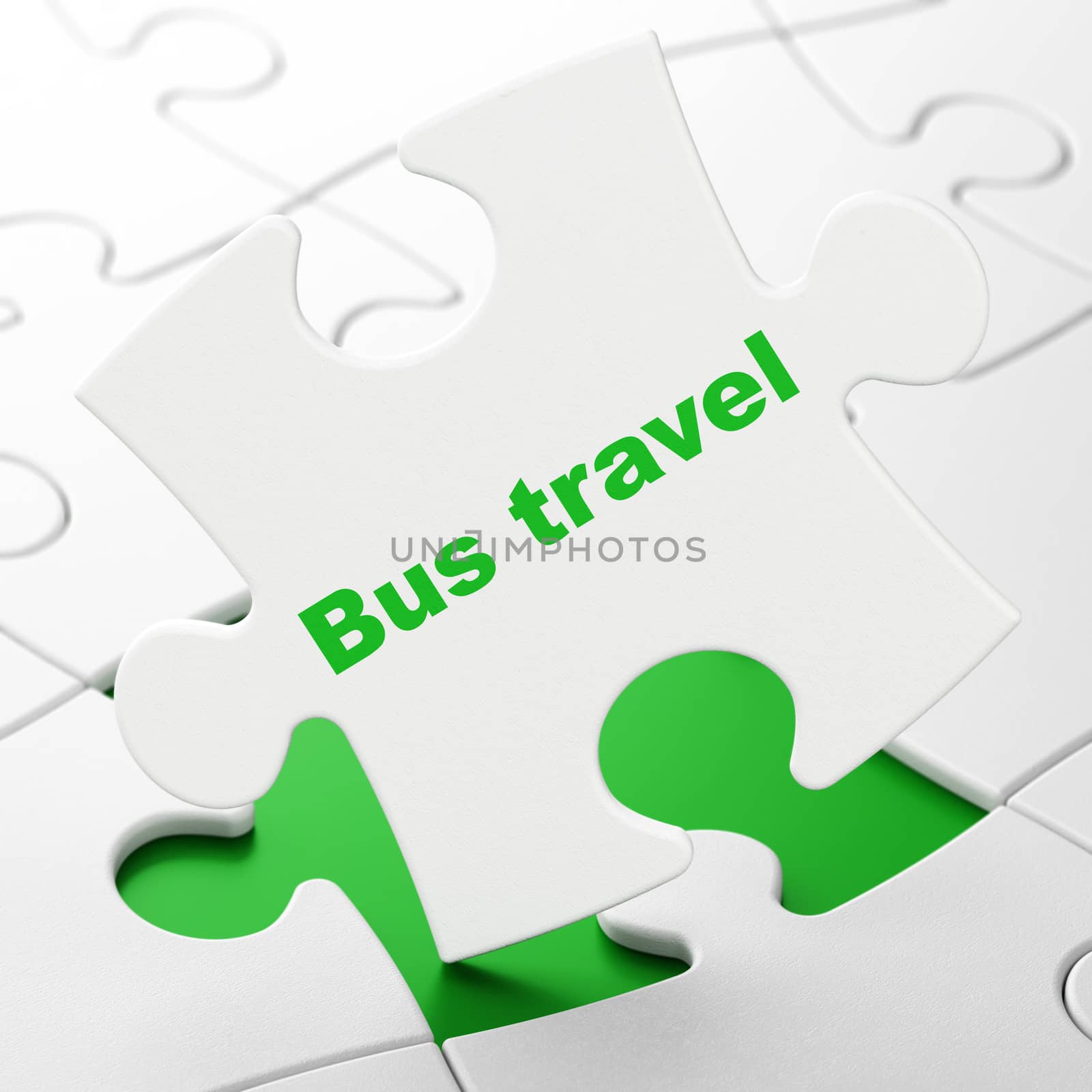 Vacation concept: Bus Travel on White puzzle pieces background, 3D rendering
