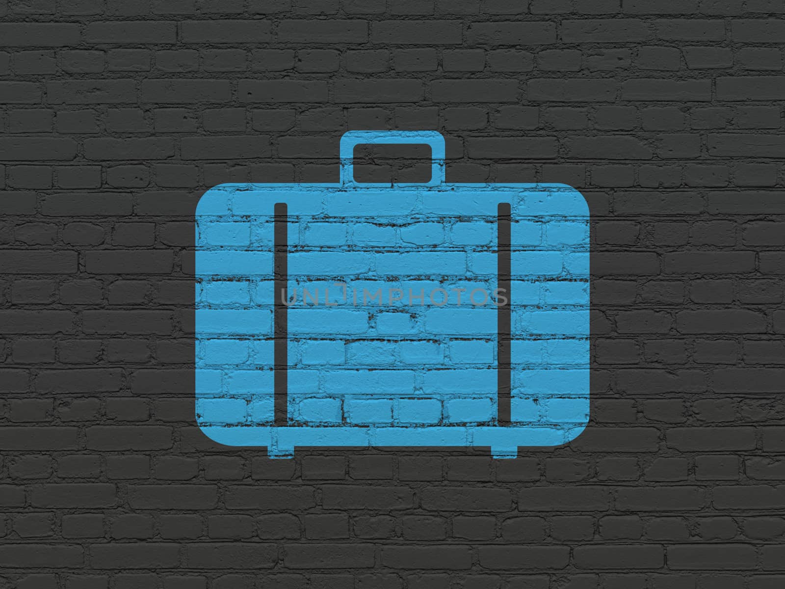 Travel concept: Painted blue Bag icon on Black Brick wall background