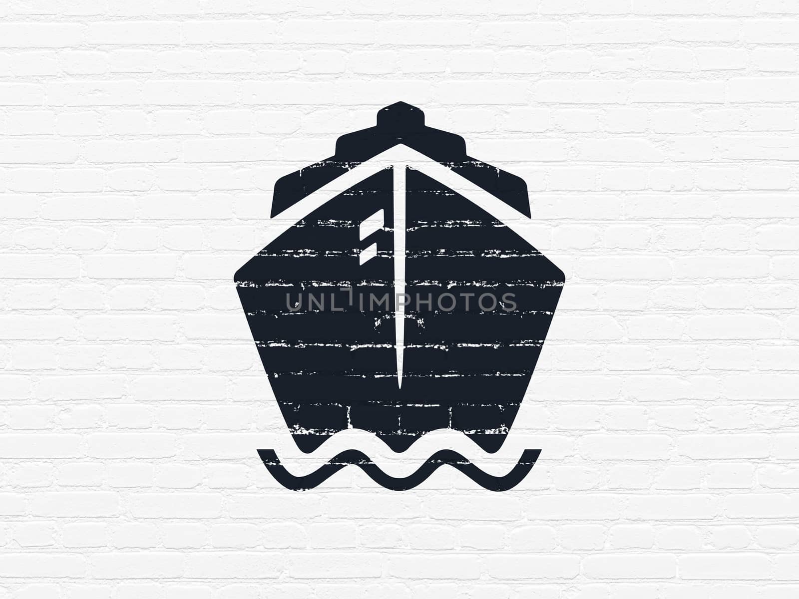 Travel concept: Painted black Ship icon on White Brick wall background