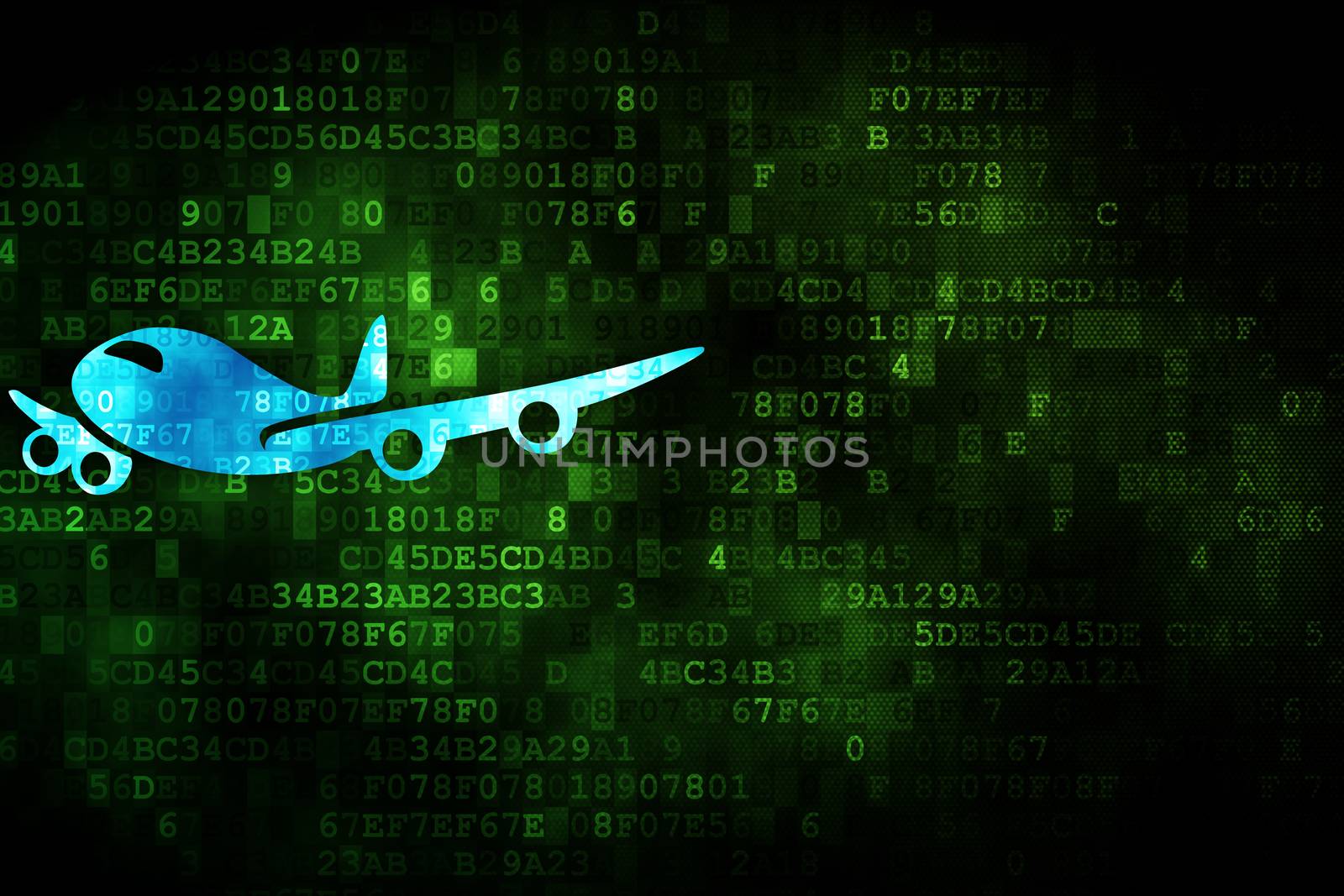 Tourism concept: pixelated Airplane icon on digital background, empty copyspace for card, text, advertising