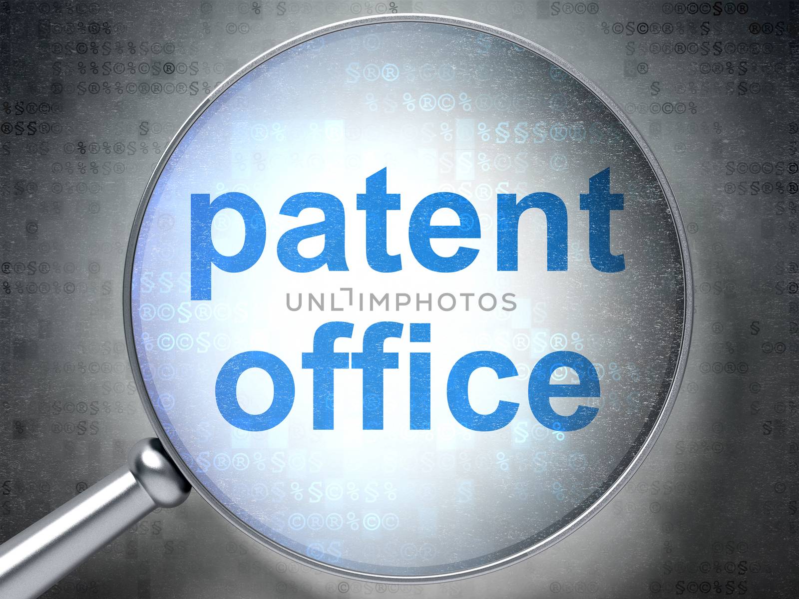 Law concept: magnifying optical glass with words Patent Office on digital background, 3D rendering