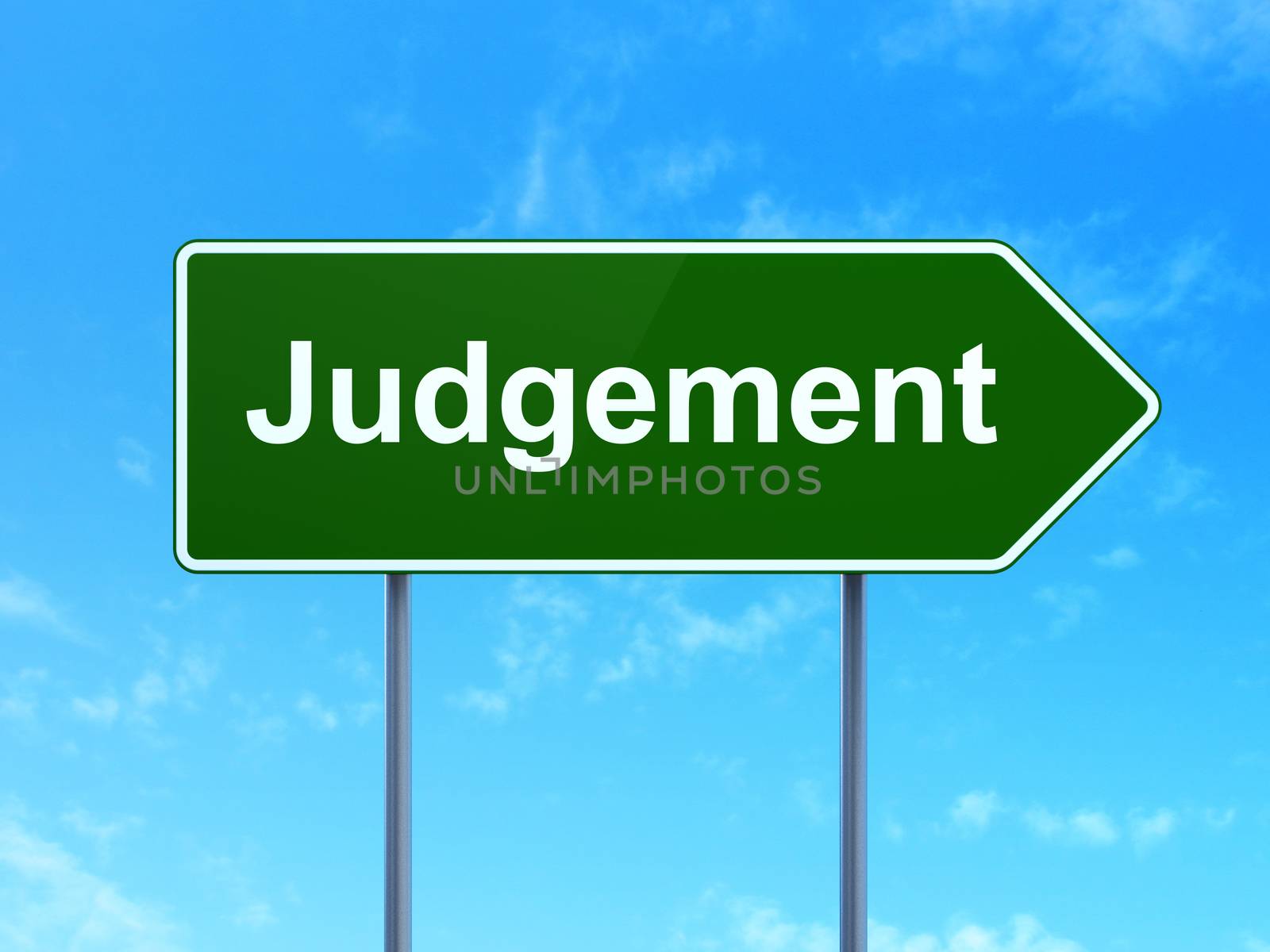 Law concept: Judgement on green road highway sign, clear blue sky background, 3D rendering