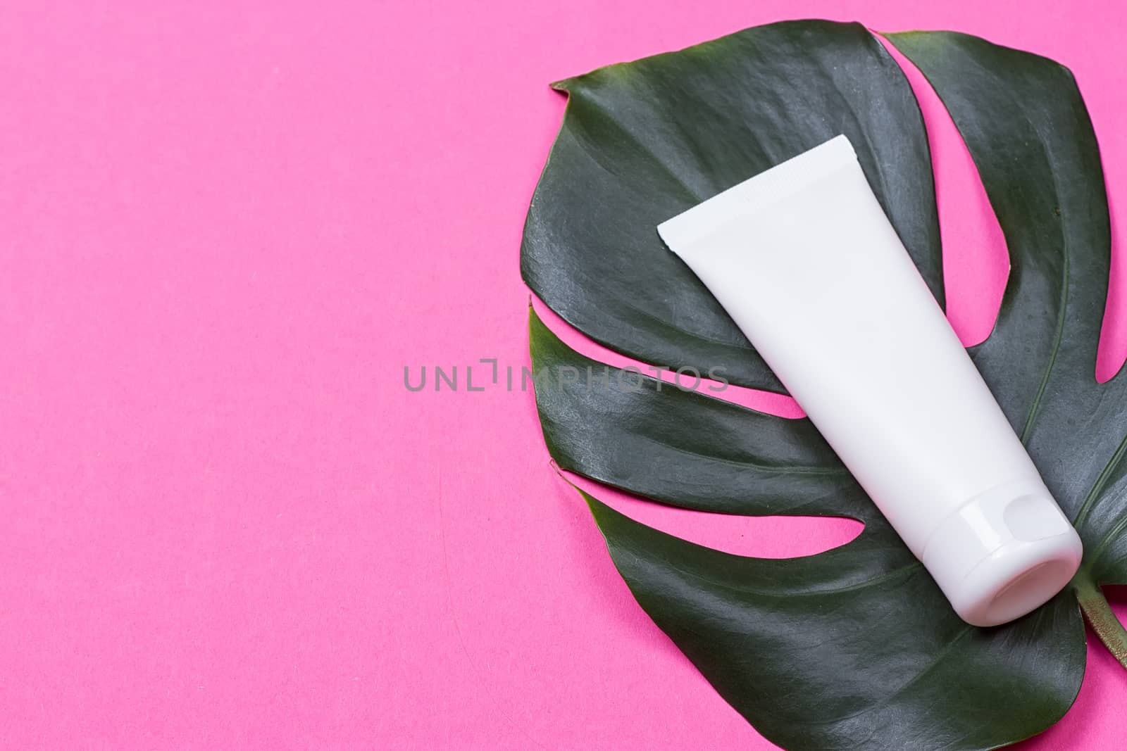 Cosmetic bottle containers with green herbal leaves on the pink background