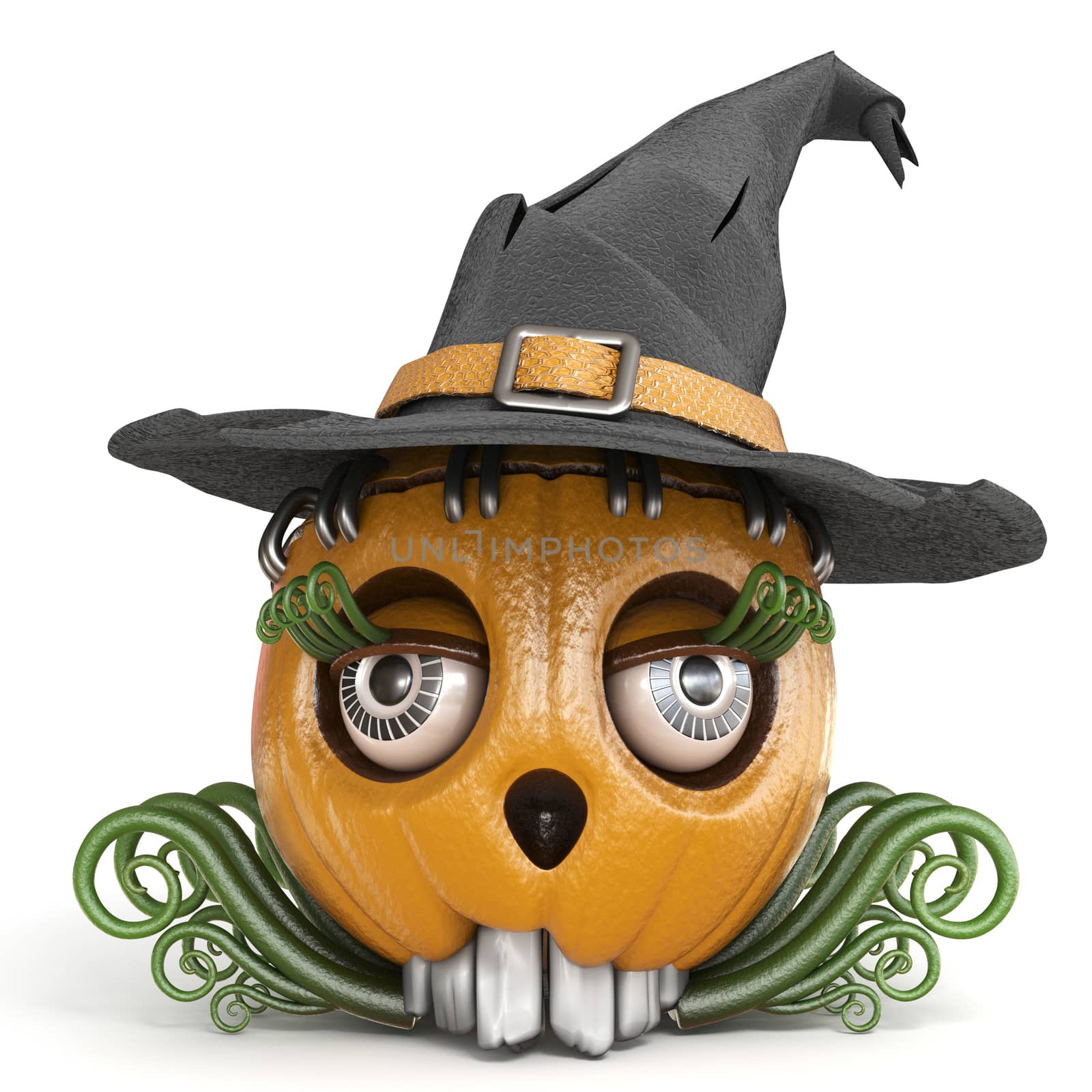 Halloween pumpkin Jack O Lantern lady with witch hat 3D render illustration isolated on white background