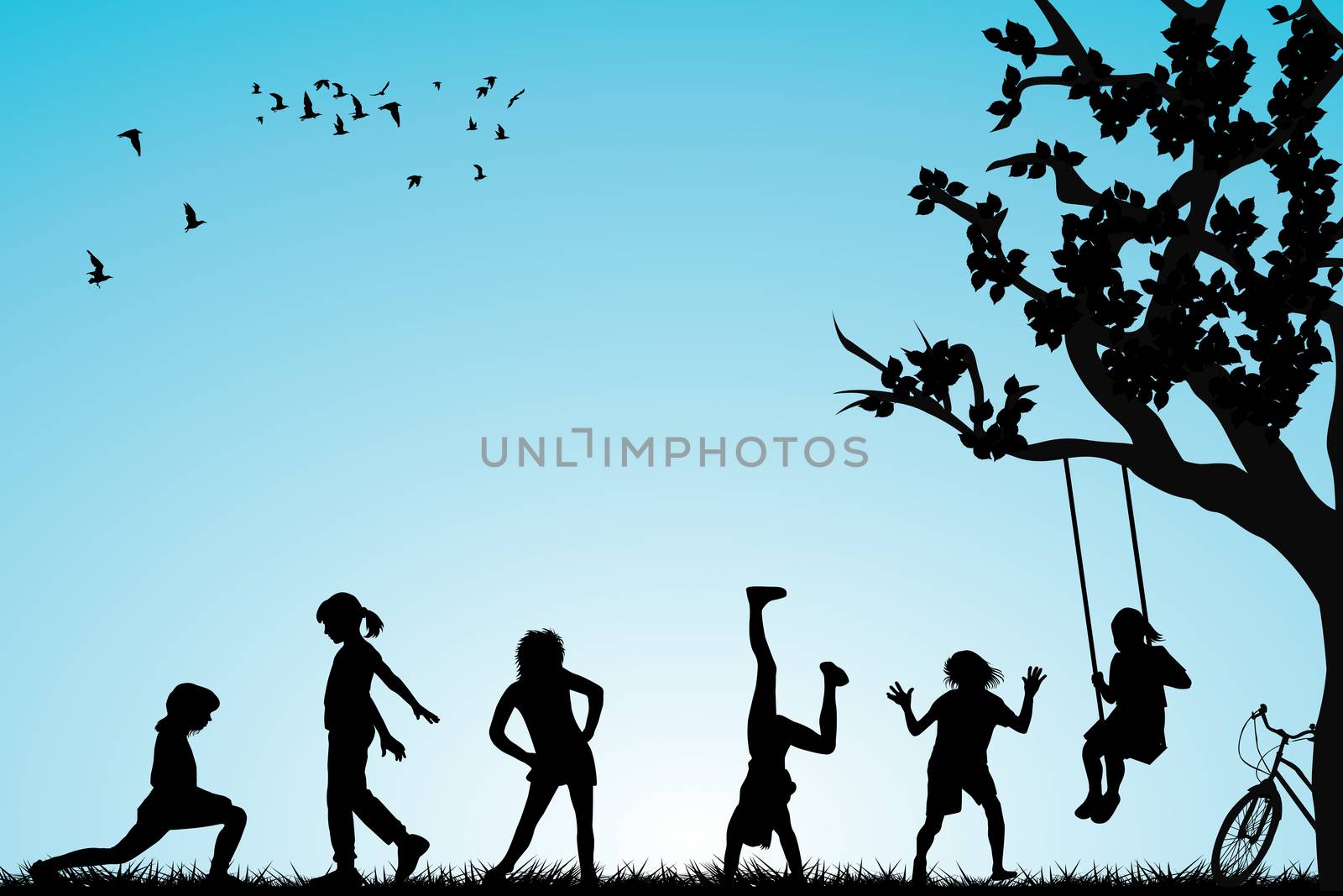 Children silhouettes playing in a park