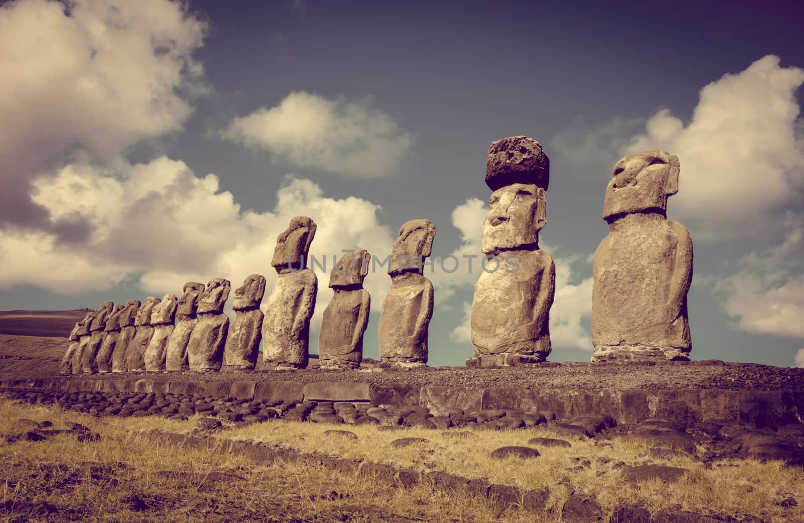 Moais statues, ahu Tongariki, easter island, Chile