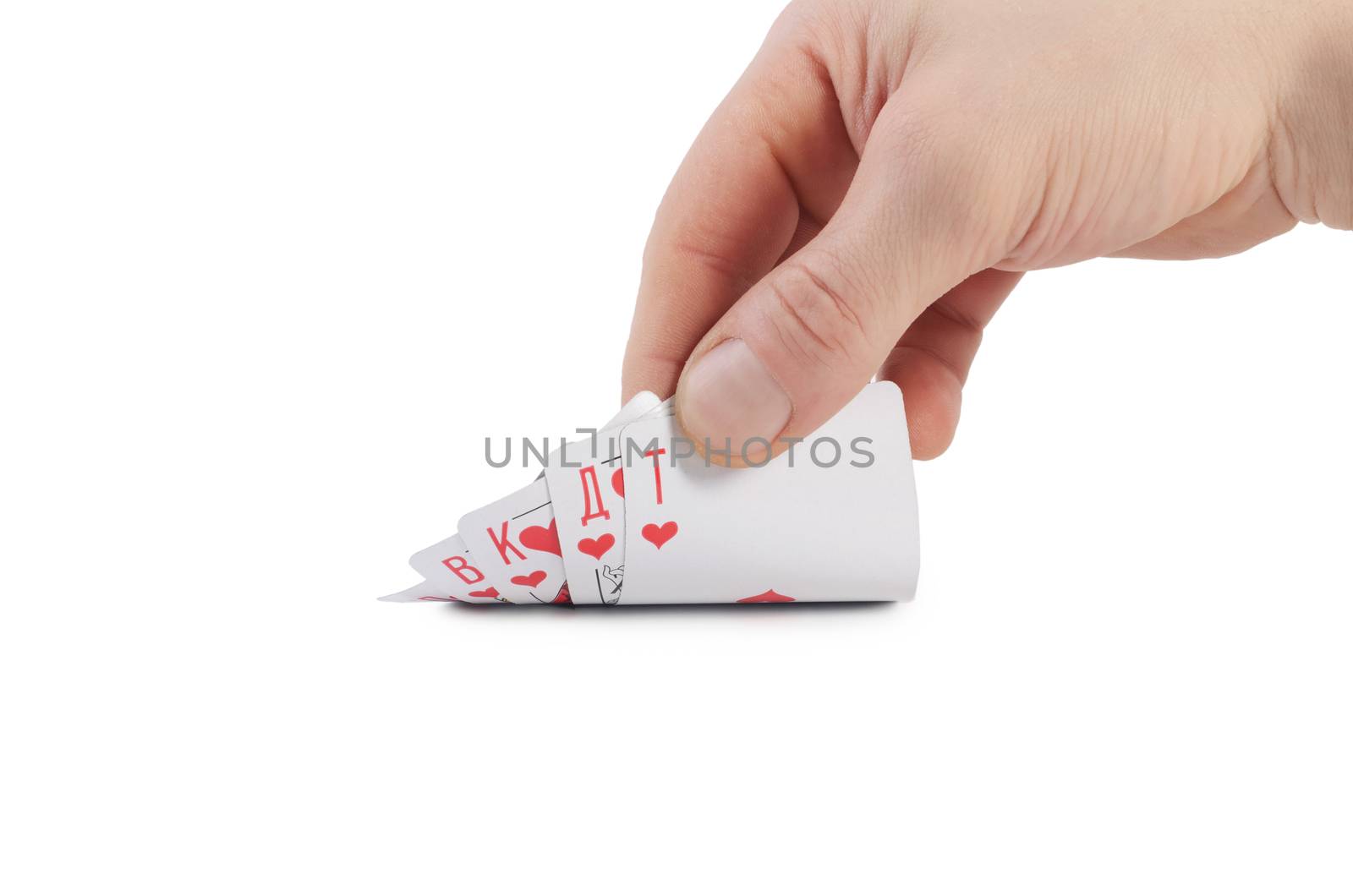 The hand with cards. Combination in poker.