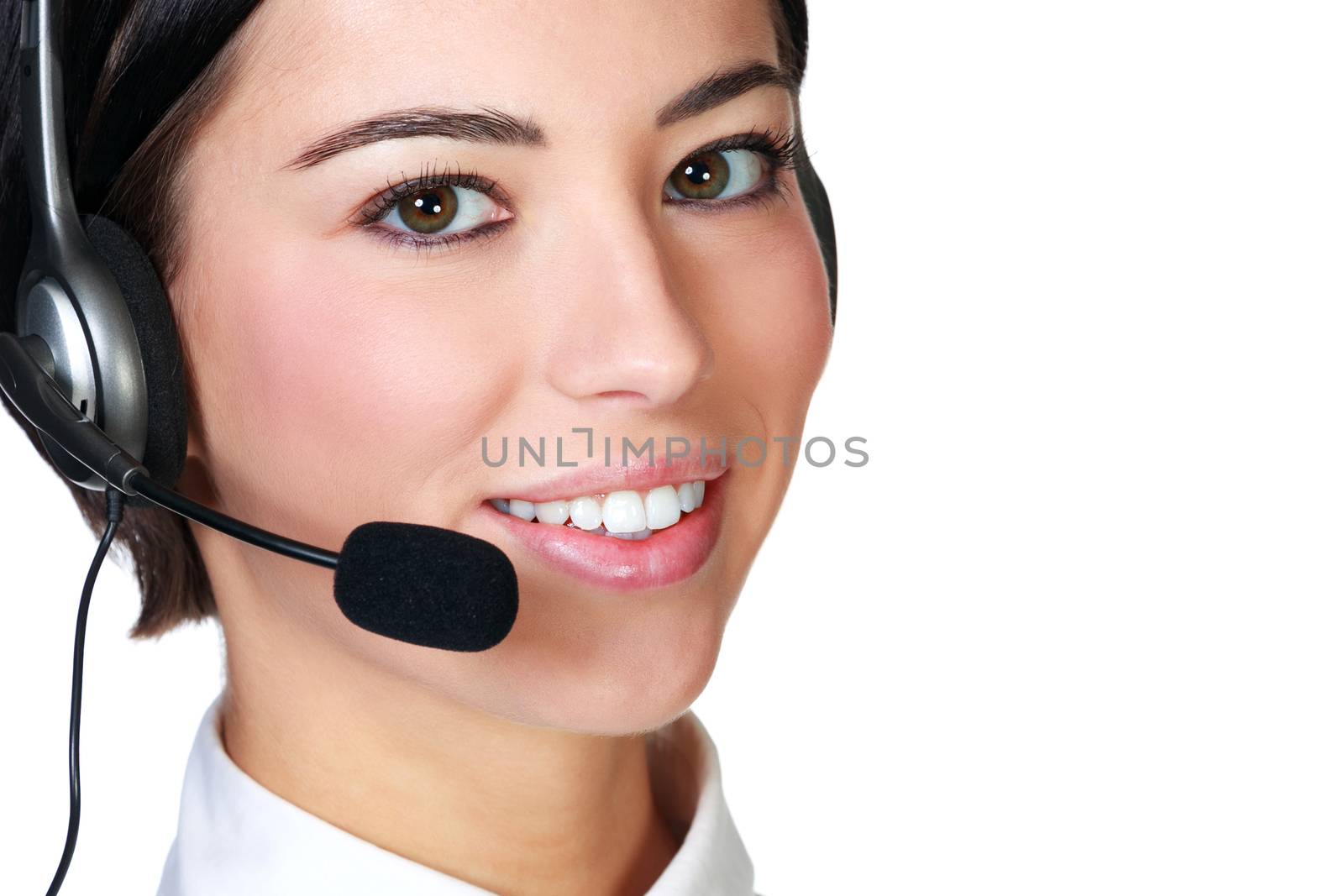 Closeup shot portrait of a smiling customer service girl isolated on white background