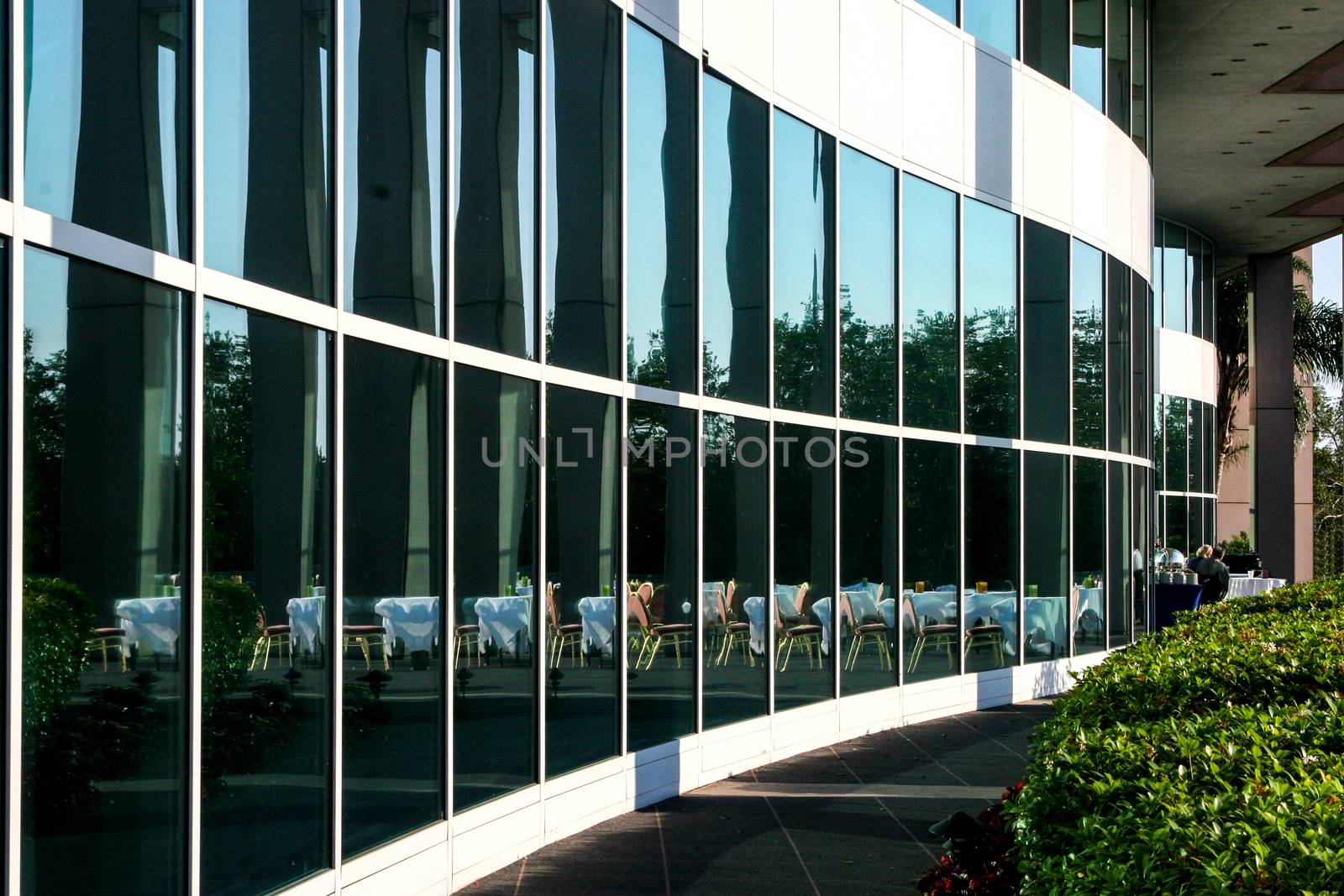 Reflections in the windows of a building