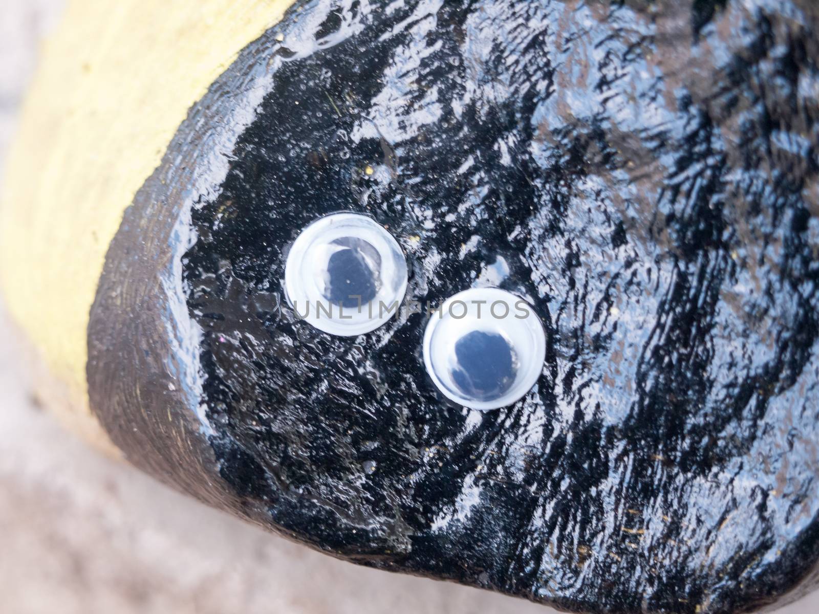 close up of funny cartoon googly eyes on black rock; Essex; England; UK