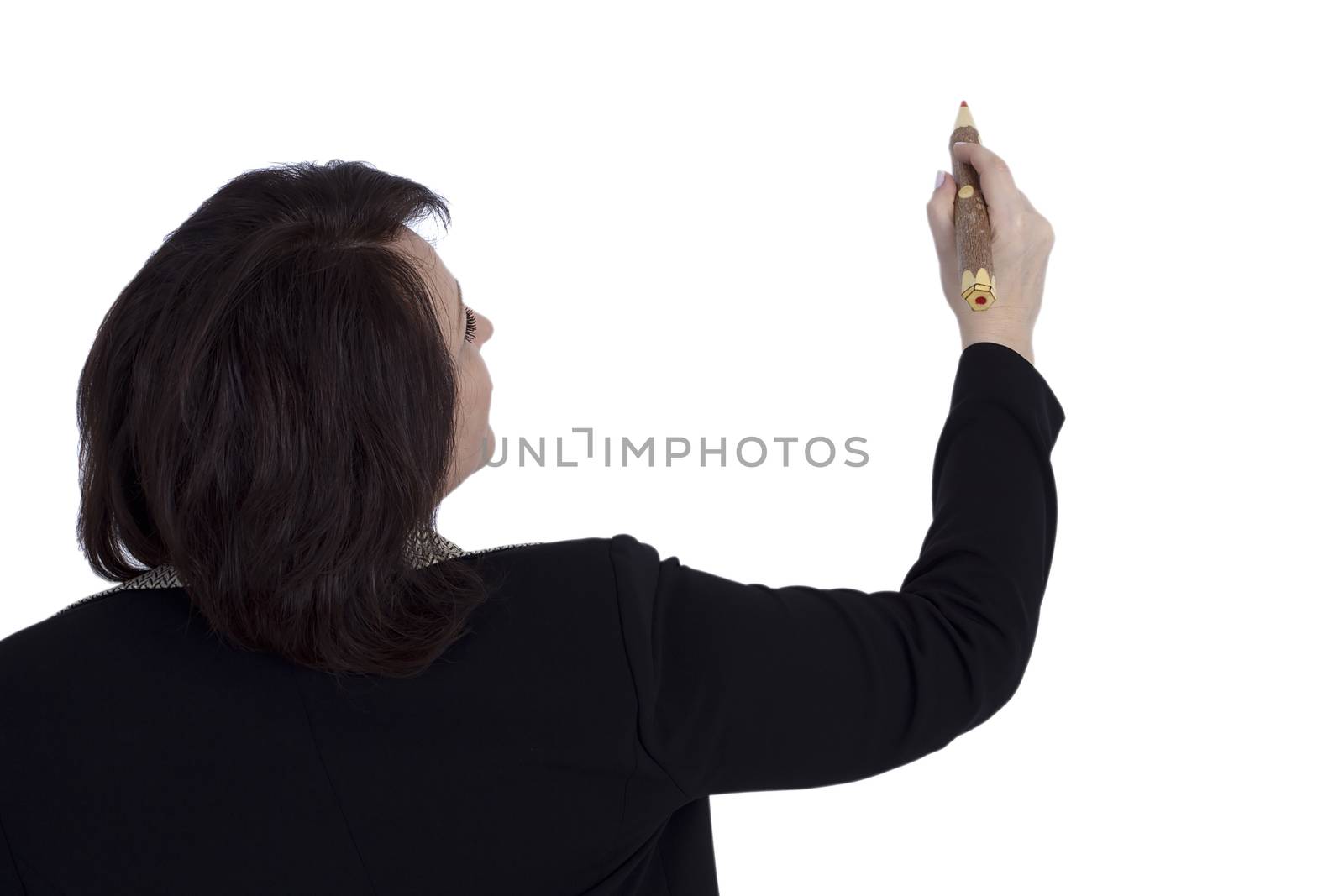 Senior business woman with a pencil on a white background