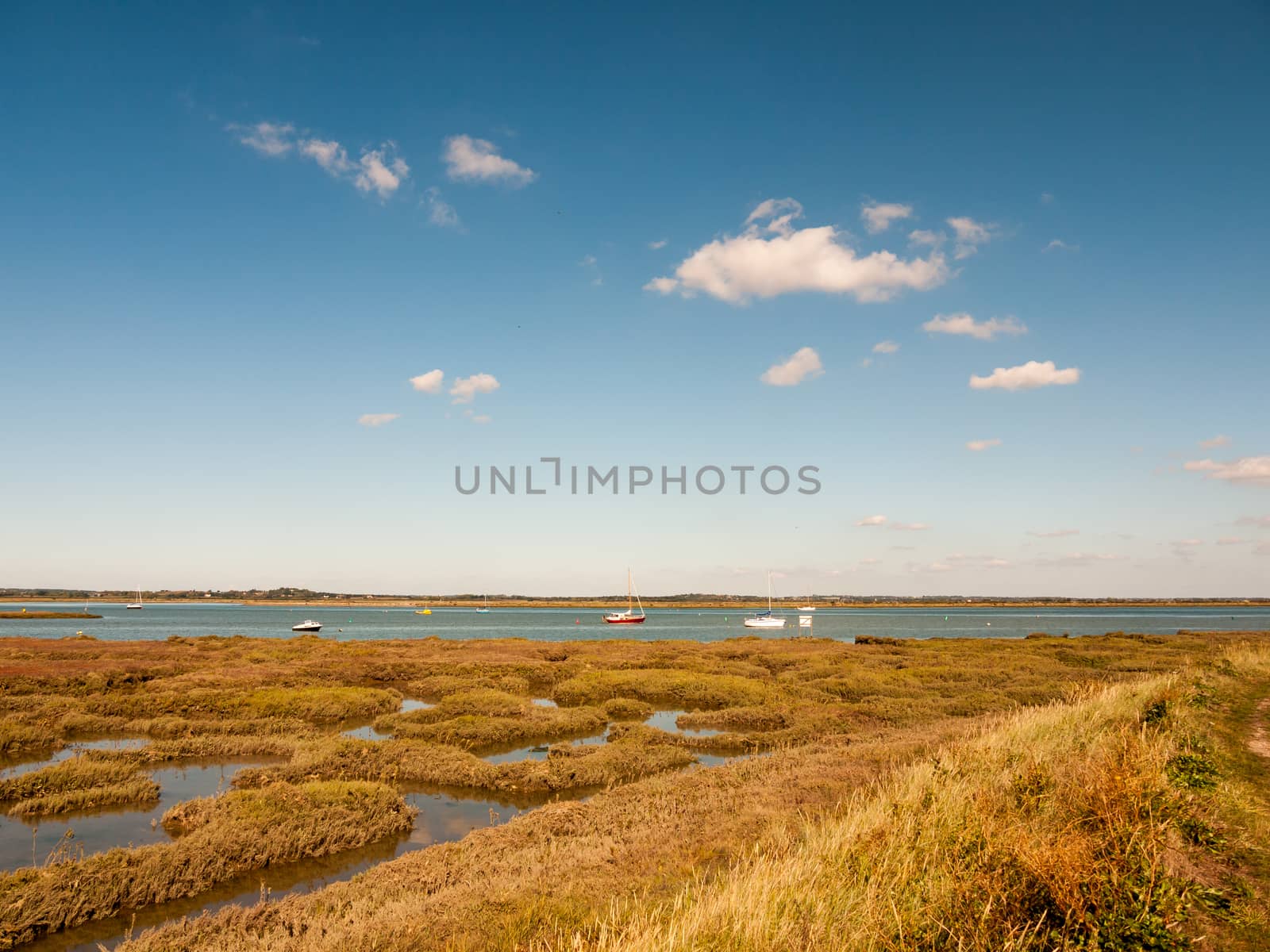 beautiful scene of river with boats grassland in front blue sky and clouds; essex; england; UK