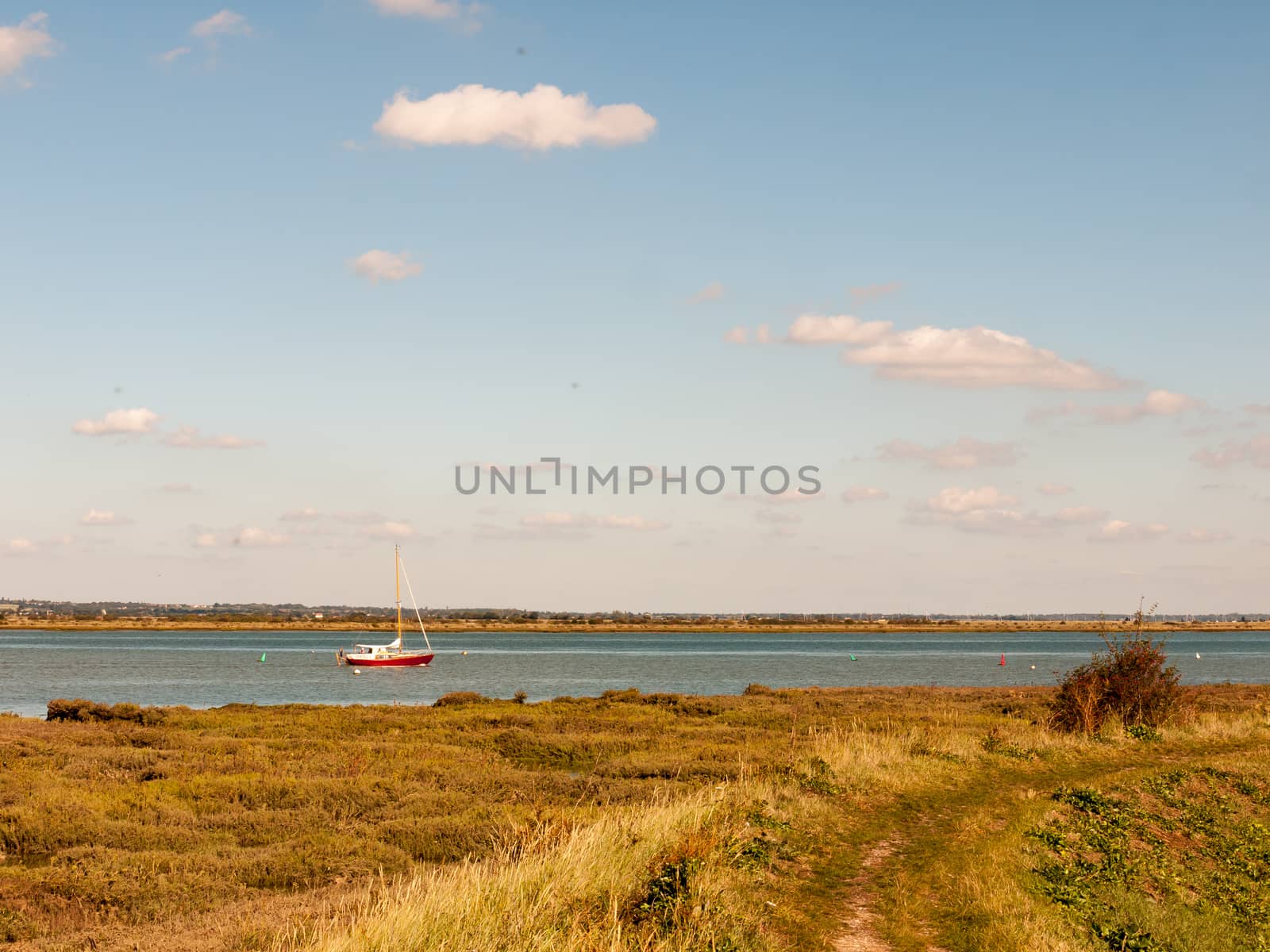 beautiful scene of river with boats grassland in front blue sky and clouds; essex; england; UK