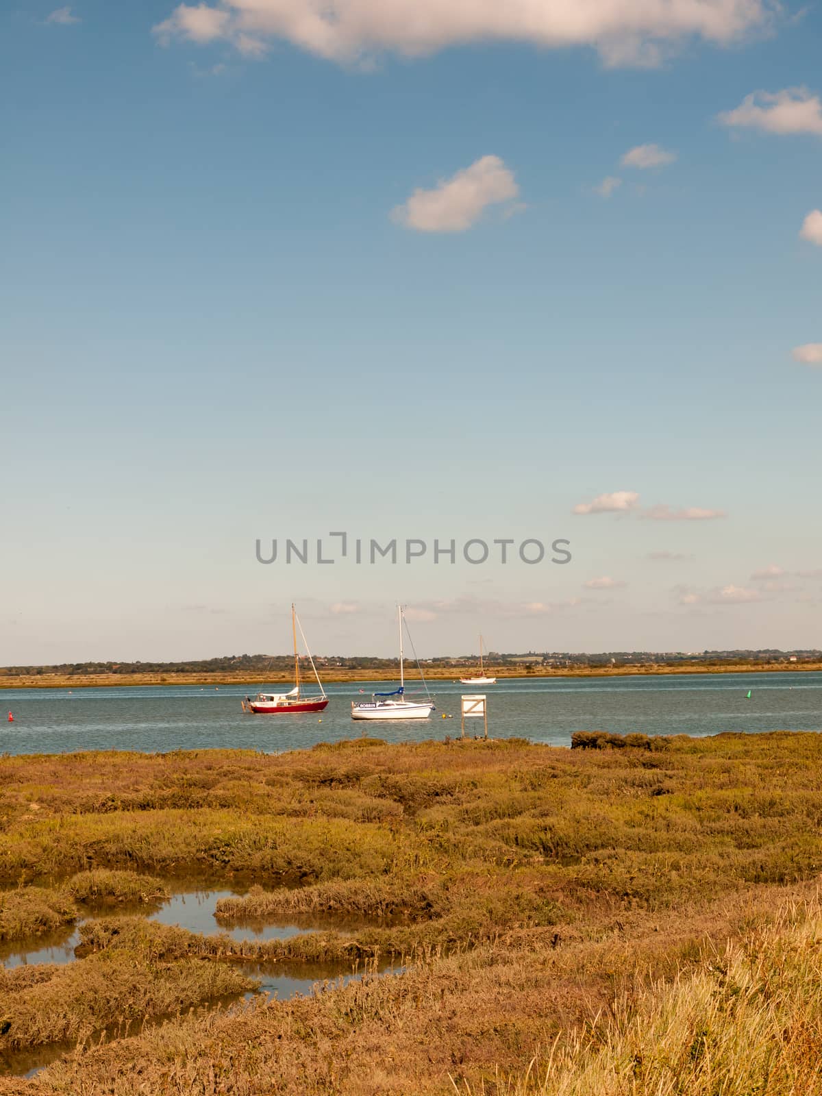 beautiful scene of river with boats grassland in front blue sky and clouds; essex; england; UK