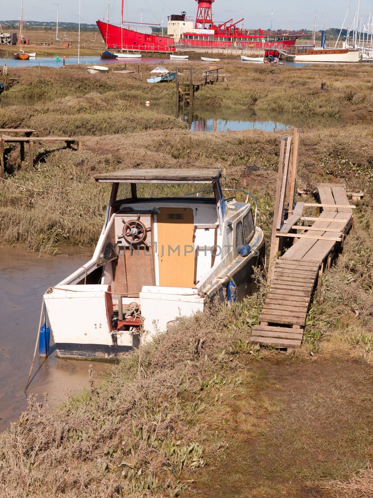 boat close up parked in estuary marshland tollesbury maldon; essex; england; UK