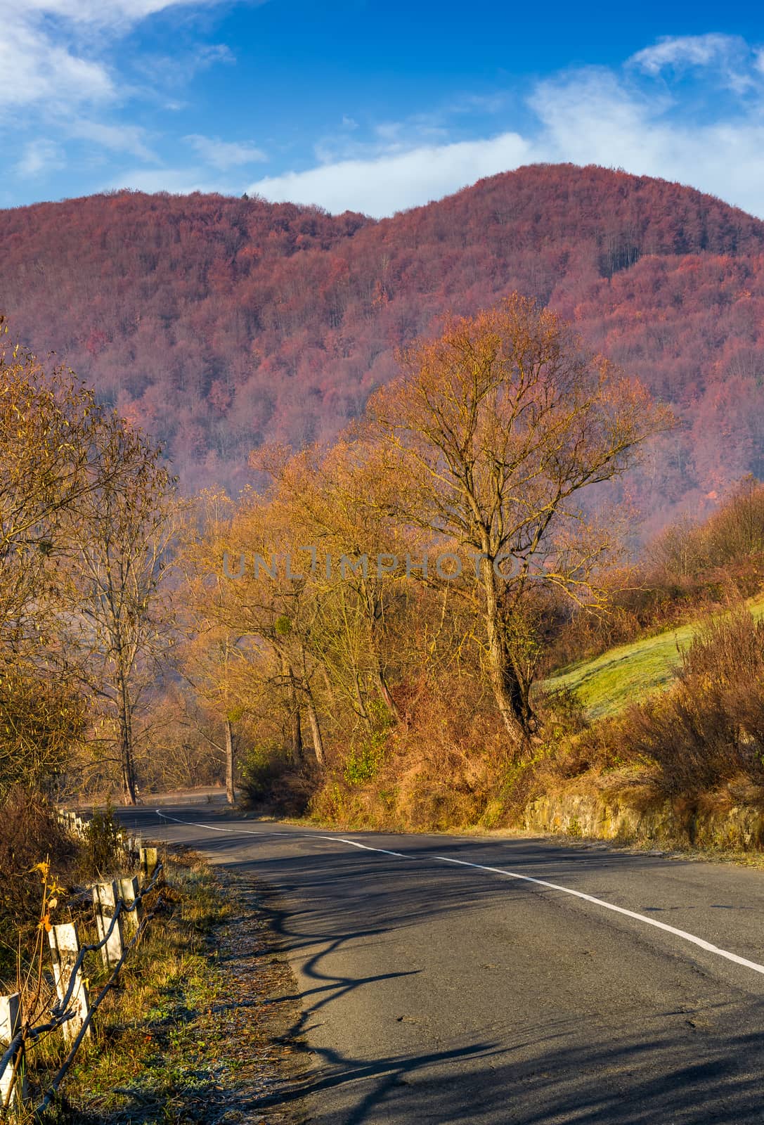asphalt road mountainous countryside. beautiful autumn morning scenery