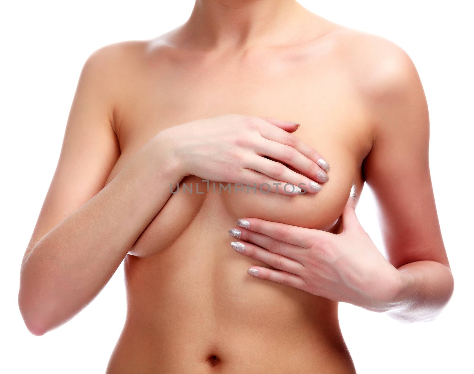 Female controlling breast for cancer, isolated on white background. Woman healthcare concept