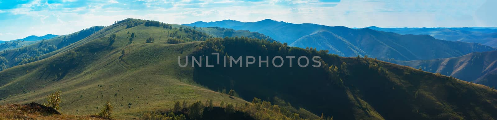 Beauty day in the mountains in Altay, panoramic picture