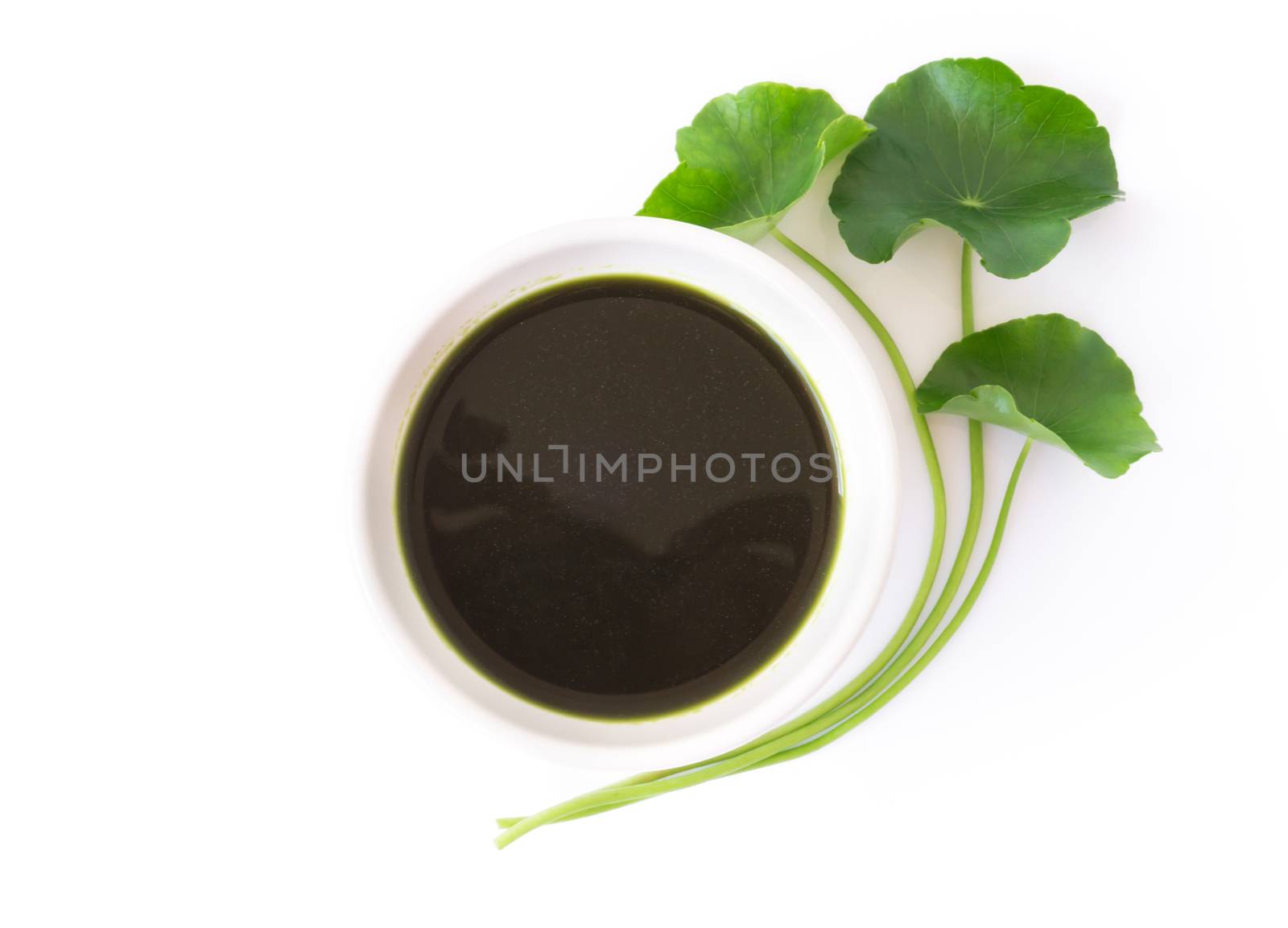 Closeup top view of Gotu kola's leafs drink on white background, herb and medical concept
