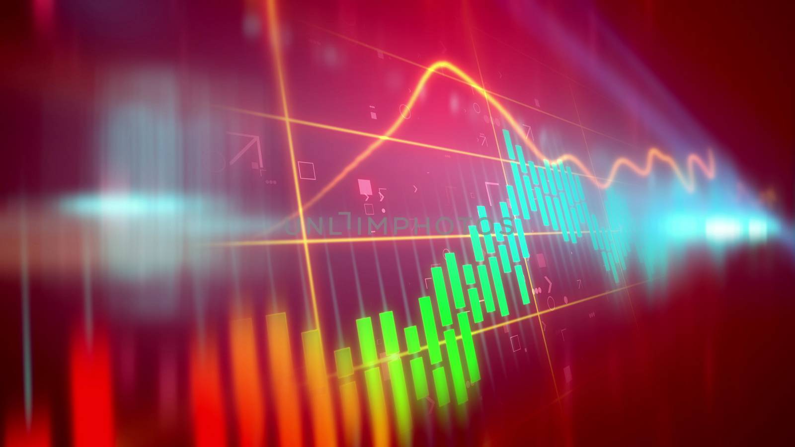 Dazzling 3d illustration of a multicolored business line chart presented diagonally with a choppy index in the blue background. The chart bars are orange, green and blue.