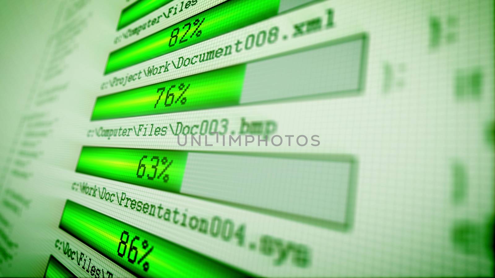 Computer screen 3d illustration of green downloading bars with blinkering digits placed diagonally in the network with a light green background