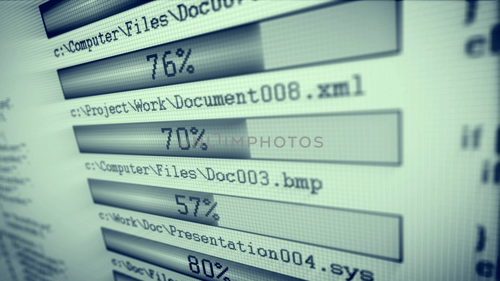 Cyberspace 3d rendering of gray downloading bars with gleaming numbers placed askew in the network with a white background. Computer files of documents are mentioned on the screen.