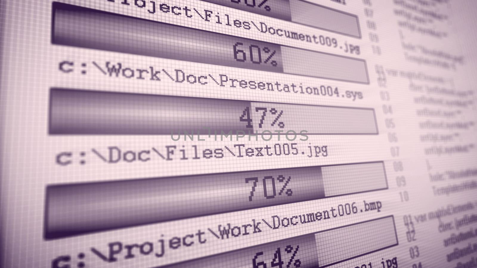 Holographic 3d illustration of gray downloading bars with shimmering numbers placed aslant in the grid with a light pink background. PC files of documents and texts are mentioned on the screen.