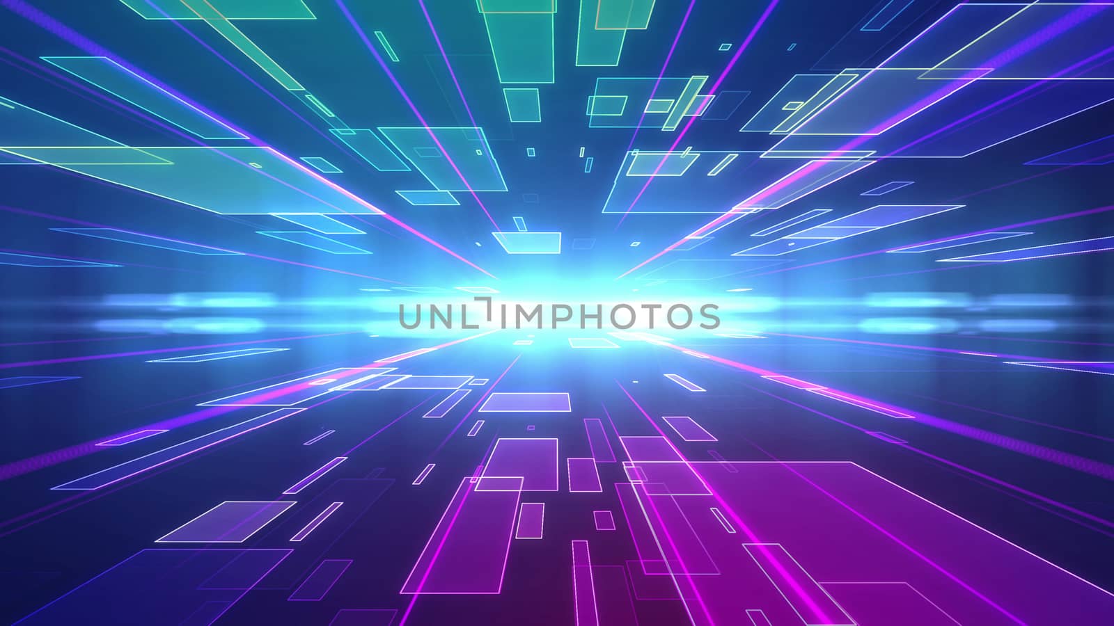 Optical art 3d rendering of a blue and violet background with rushing squares placed on two surfaces of a multilayered cyberspace and moving to a plazma looking star