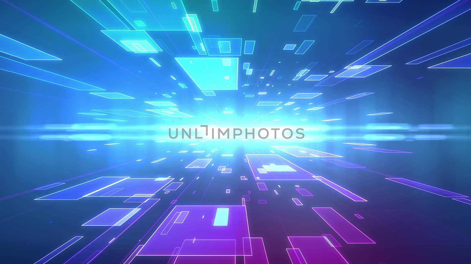 Op art 3d illustration of a blue and violet background with flying squares put on two surfaces of a multifaceted cyberspace and moving to a flashing center with radiant rays