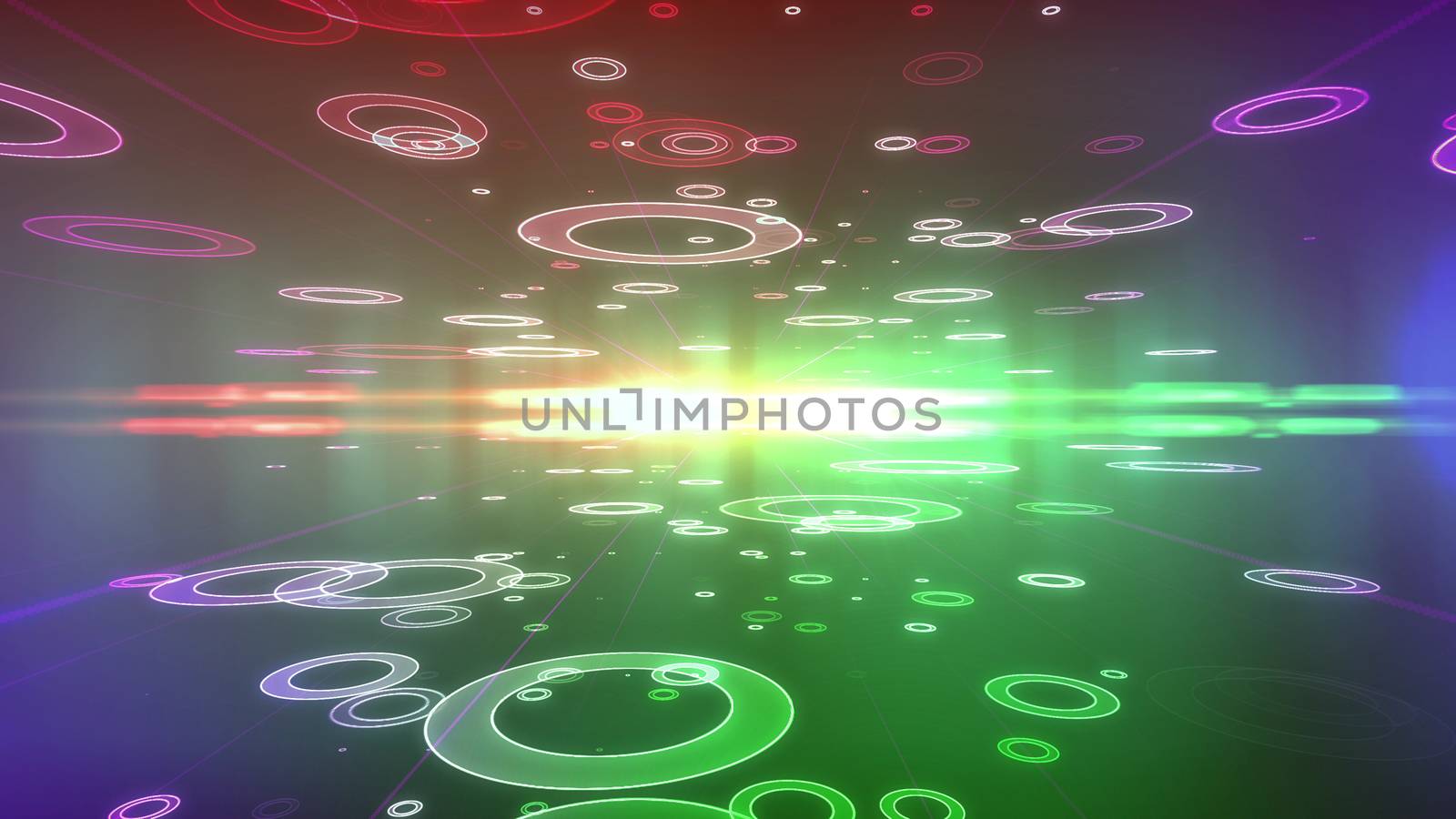 Optical illusion 3d rendering of a violet background with flying saucers of different sizes located on two surfaces of a holographic cyberspace and directing to a shimmering center with luminous rays