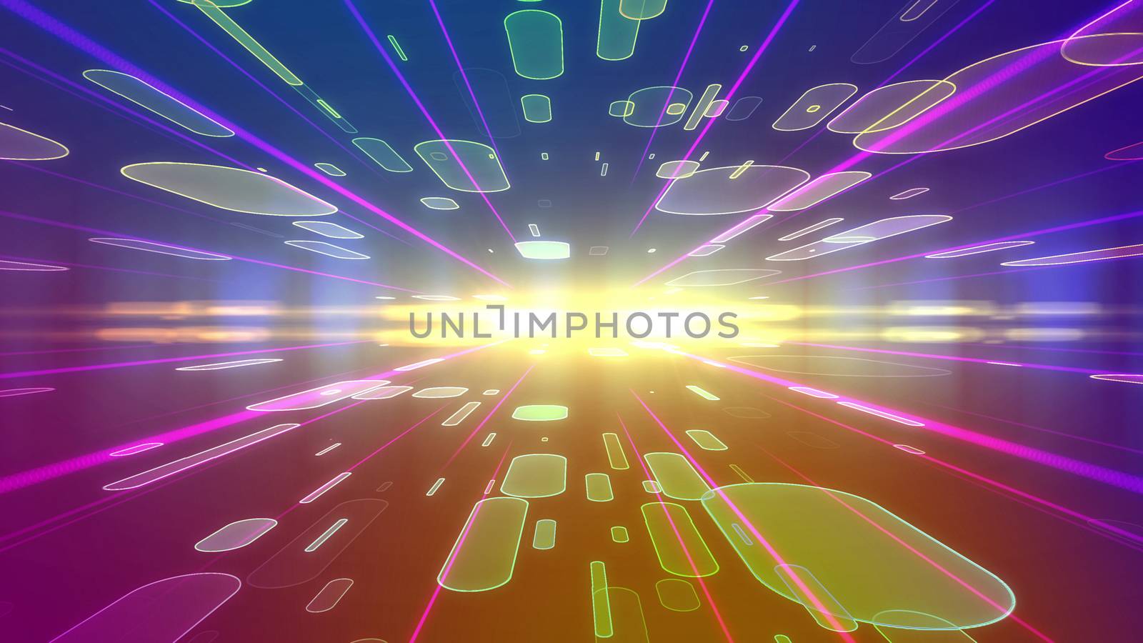 Op art 3d illustration of a blue and violet background with dashing ovals of various sizes placed on two surfaces of a multilayered cyberspace and showing an after-image movement effect
