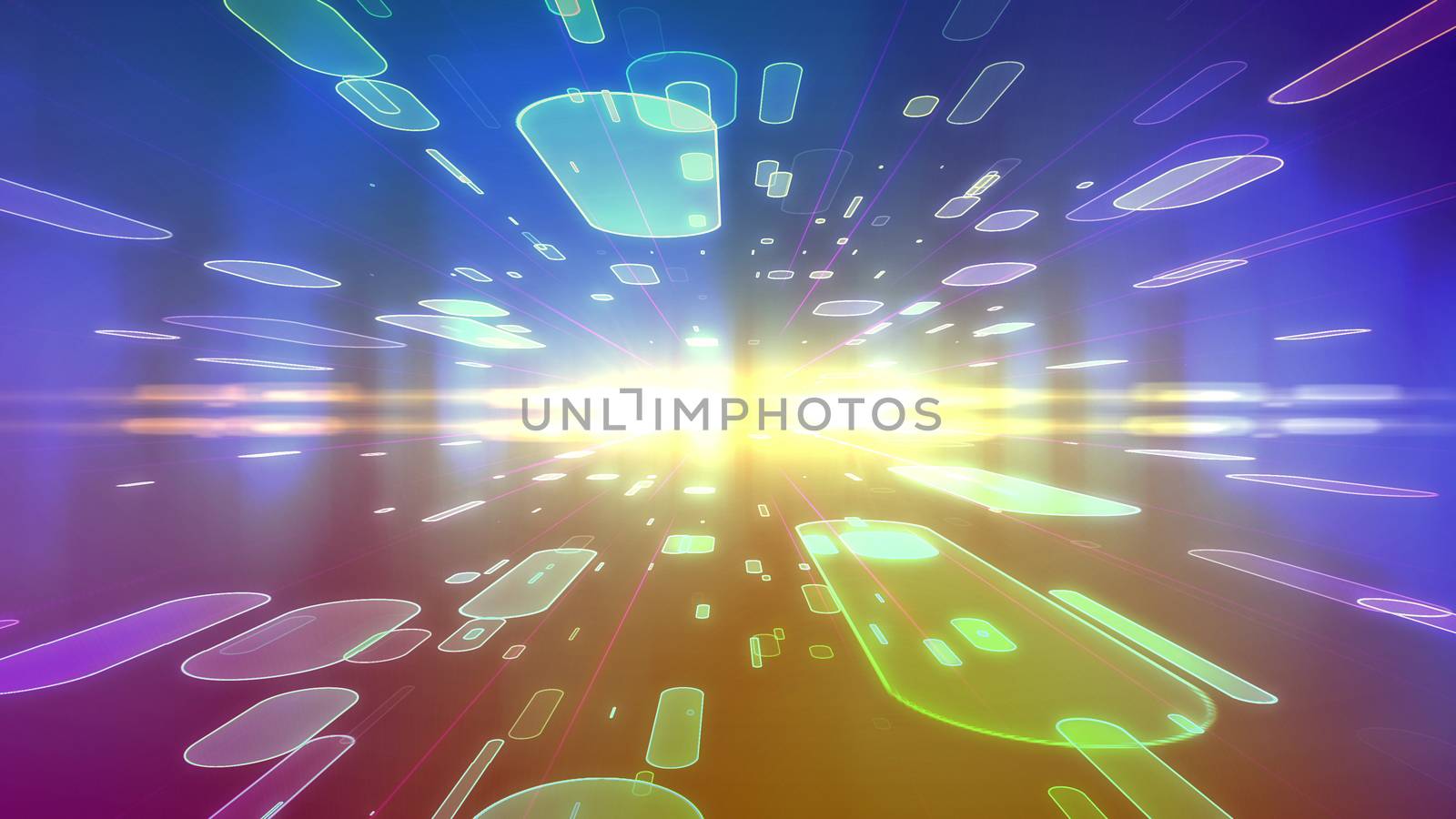 Abstract 3d rendering of a blue and violet background with rushing ovals on two surfaces of a holographic cyberspace, moving to a plazma center, displaying an after-image movement effect