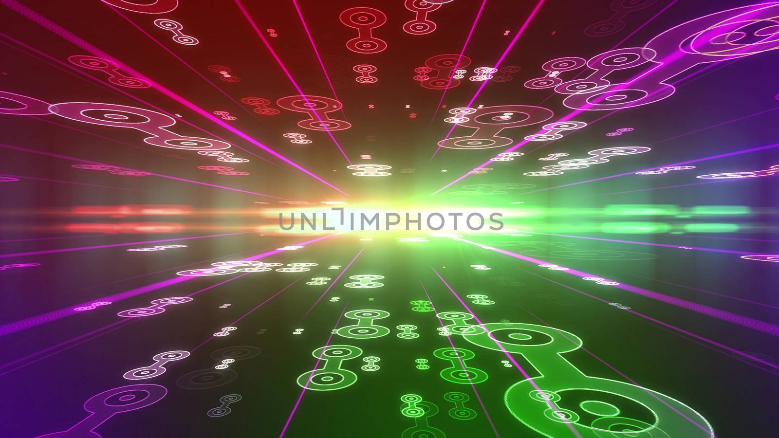 Sci-fi 3d illustration of a violet background with spinning connected saucers of different sizes located on two surfaces of a many-sided cyberspace and rushing to a shining center with glowing rays