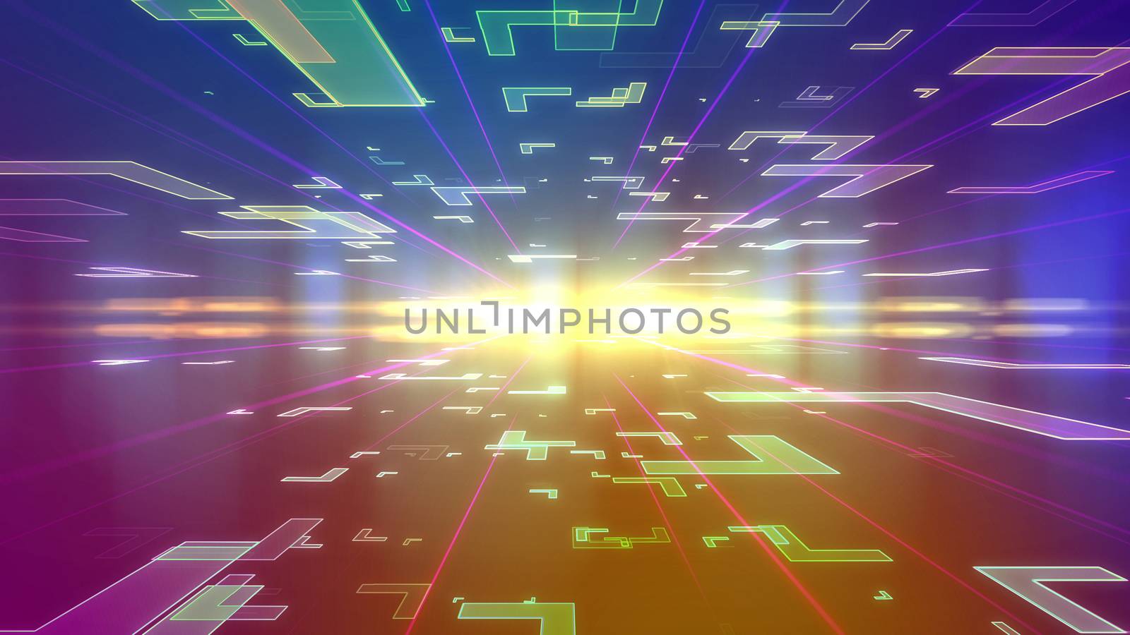 3d rendering of a blue and violet background with flying fantastic corners of various sizes on two surfaces of a multilayered cyberspace and flying to a sparkling center with luminous rays