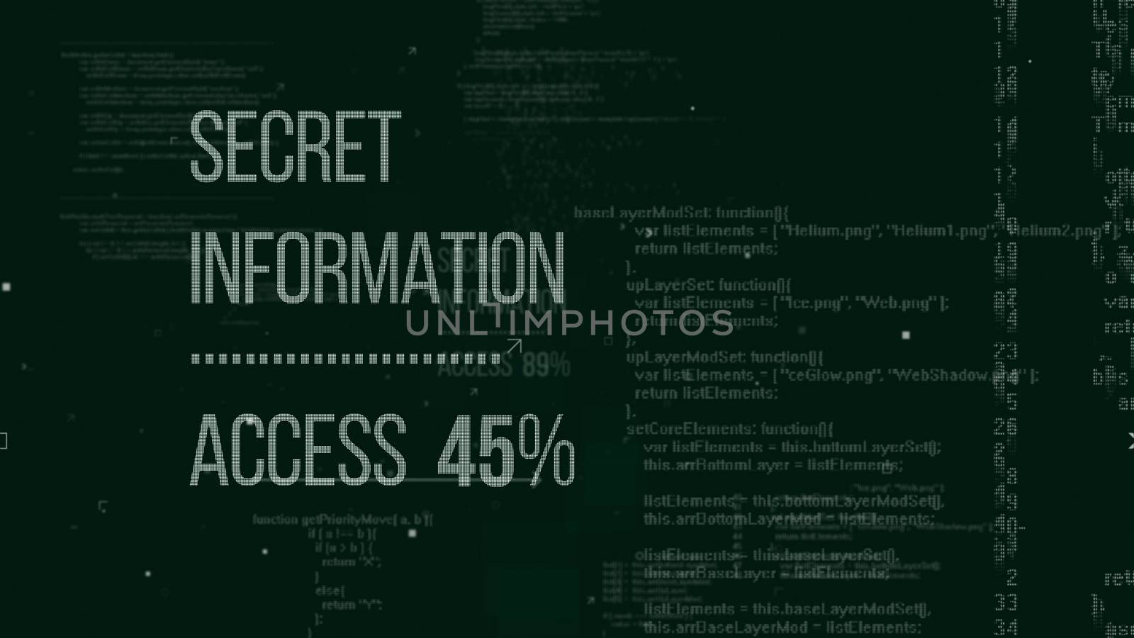 Alpha geek 3d illustration of hackers code with an inscription Secret Information Access 45%. The background is a dark green with matrix style columns of dgits and letters 