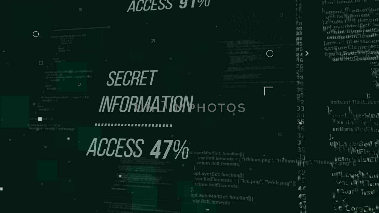 Impressive 3d illustration of hackers code with an inscription Secret Information Access 47%.  The background is a dark green with zeroes, guillemets, and letters 