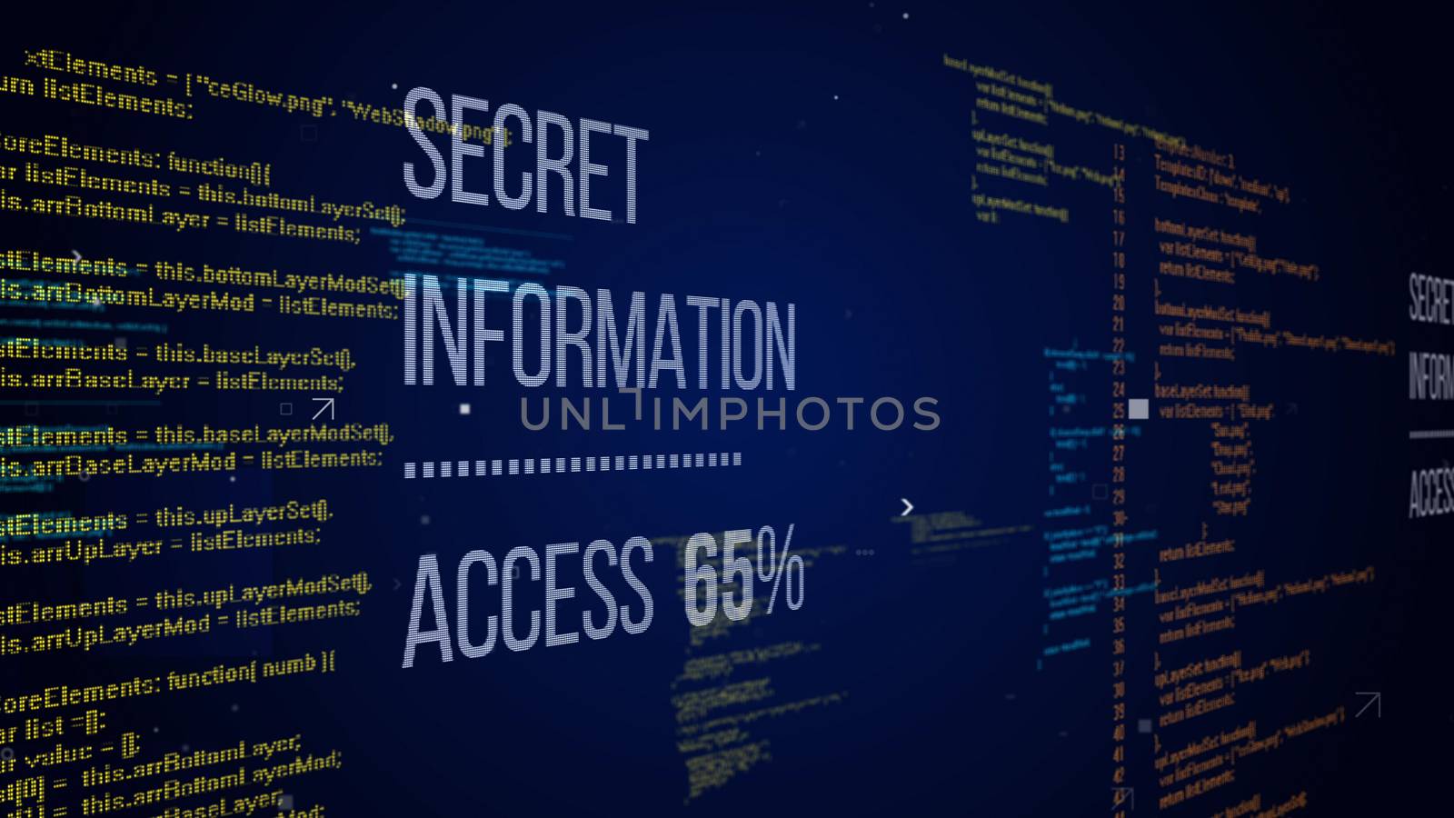 Hush-hush 3d illustration of hackers code with an inscription Secret Information Access 65%. The background is a dark blue with matrix style lines of numbers and letters 