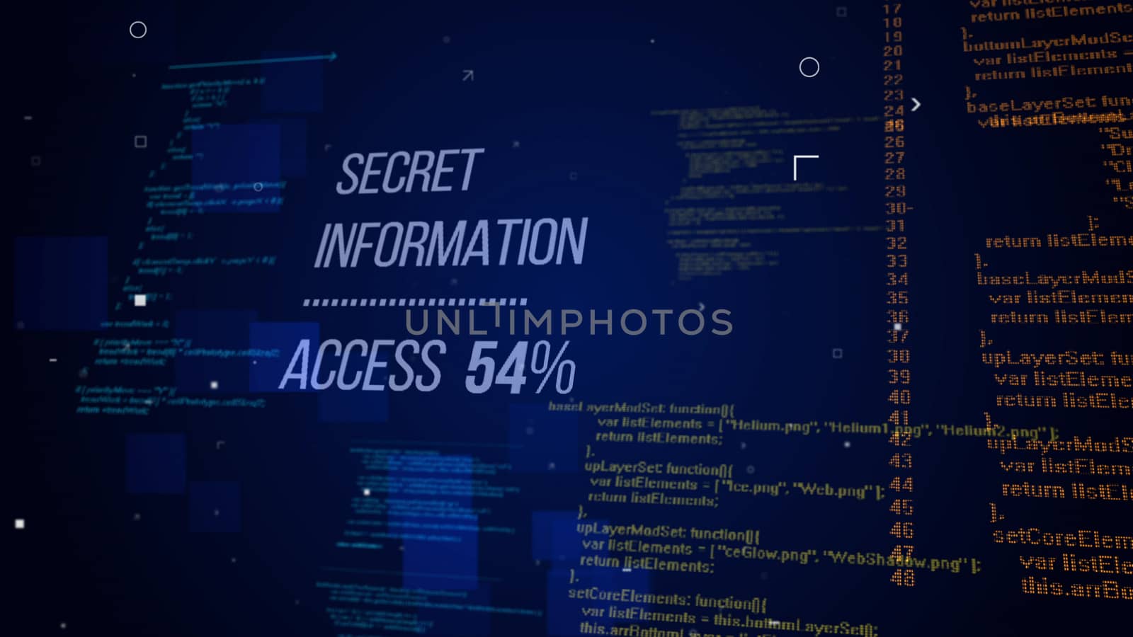 Top secret 3d rendering of hackers code with an inscription Secret Information Access 54% placed askew. The background is a dark blue with numerous columns of digits and letters 