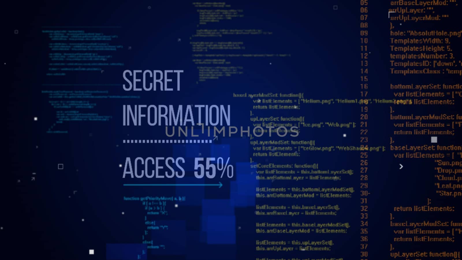 Optical illusion 3d rendering of hackers code with a message Secret Information Access 55% put directly. The background is a dark blue with numerous columns of yellow digits and letters 