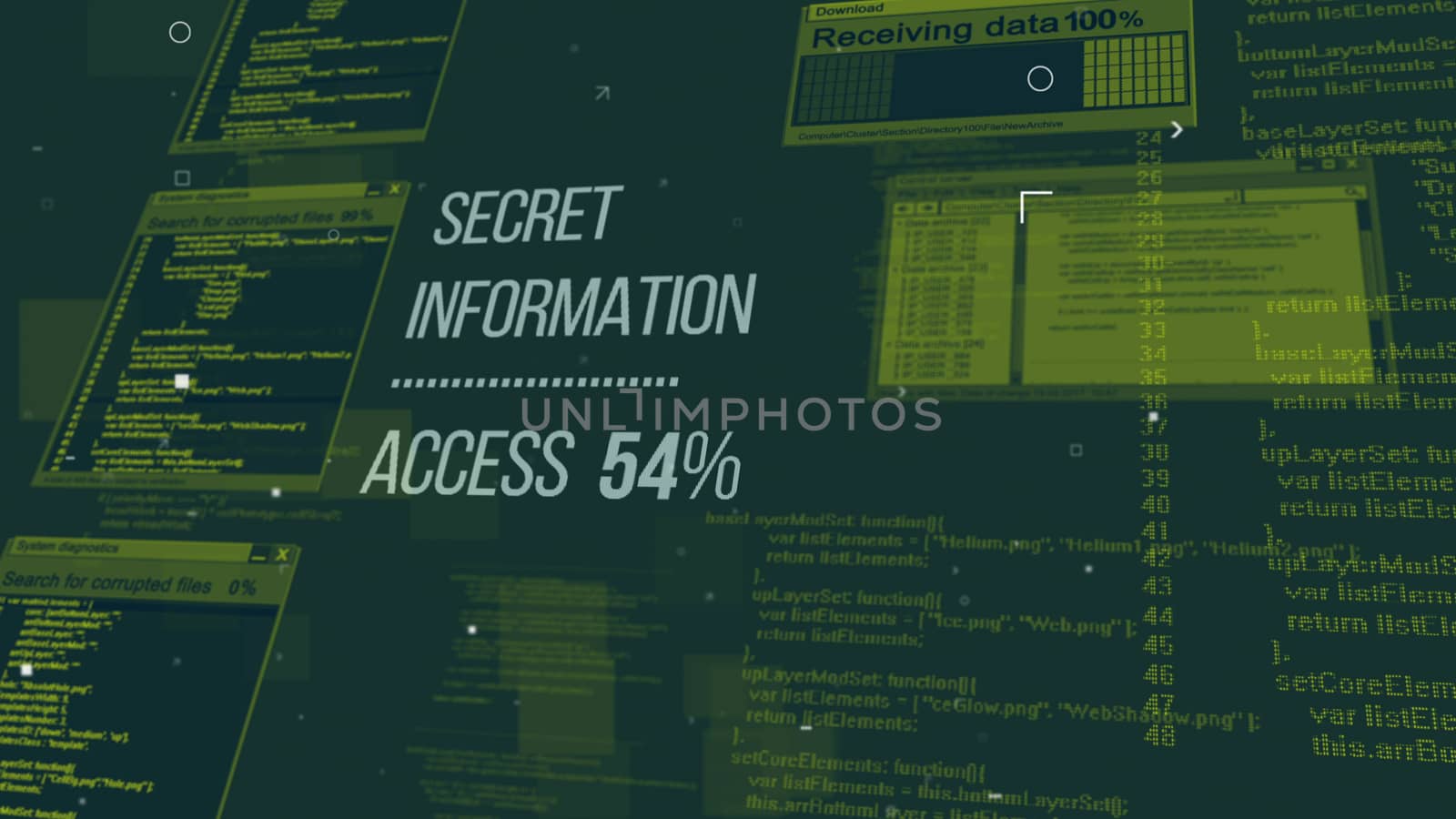 Futuristic 3d rendering of hackers code with an inscription Secret Information Access 54% placed askew and having psychedelic effect. The background is a dark green with yellow texts, and digits 